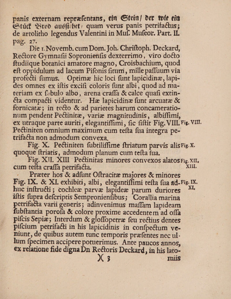 panis externam reprafentans, tín Gtein/ bet. tole eit (tücf *Sreb auéfiibet/ quam verus panis petrifactus; de artolitho legendus Valentini in Muf. Mufeor. Part. II. pag. 27. S Die r. Novemb. cum Dom. Joh. Chriftoph. Deckard, Rectore Gymnafii Sopronienfis dexterrimo, viro docto ftudiique botanici amatore magno, Croisbachium, quod eft oppidulum ad lacum Pifonis fitum , mille paffuum via . profecti fumus. . Optima hic loci fünt lapicidinz, lapi- des omnes ex iítis excifi coloris fünt albi, quod ad ma- teriam ex fabulo albo, arena craffa &amp; calce quafi extin- €&amp;ta compacti videntur. Ha lapicidinz funt arcuatae &amp; fornicatae; in tecto &amp; ad parietes harum concameratio- num pendent Pectinitze, varie magnitudinis, albiffimi, ex utraque parte auriti, elegantiffimi, fic fiftit Fig. VIIL Fig. VIII. Pectiniten omnium maximum cum tefta fia integra pe- trifacta non admodum convexa. | Fig. X. Pectiniten fubtiliffime ftriatum parvis alisFig.X. quoque ftriatis, admodum planum cum tefta fua. - Fig. XII. XIII Pectinitas minores convexos alatosrig.Xit. cum tefta craffa petrifacta. | | ». «IH, . Prater hos &amp; adfunt Oftracite majores &amp; minores Fig. IX. &amp; XI. exhibiti, albi, elegantiffimi teíta fua ad-Fig. IX. huc inftru&amp;ii ; cochlez parva lapideze parum duriores 7 iftis fupra defcriptis Sempronienfibus; Corallia marina petrifacta varii generis; adinvenimus maffam lapideam fubítantia porofa &amp; colore proxime accedentem ad offa - pifcis Sepiz; Interdum &amp; gloffopetrz feu rectius dentes pifcium petrifacti in his lapicidinis in confpe&amp;tum ve- niunt, de quibus autem tunc temporis przfentes nec ul- lum fpecimen accipere potuerimus. Ante paucos annos, ex relatione fide digna Dn Re&amp;oris Deckard , in his lato- e miis