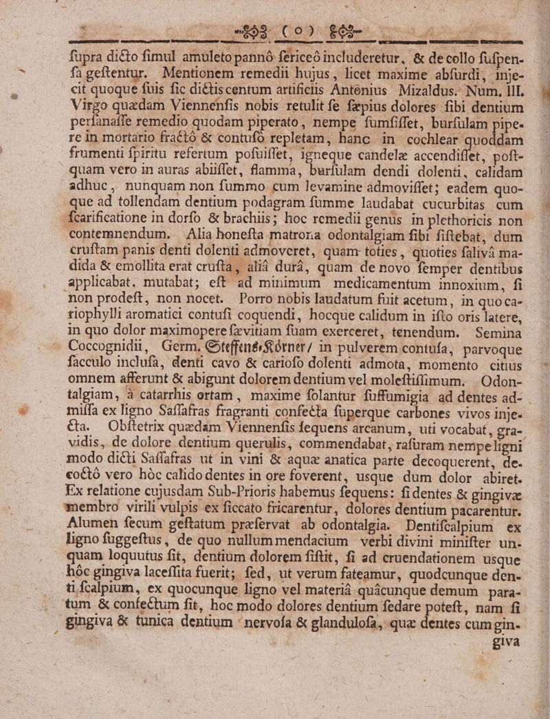 » fupra diéto fimul amuleto pannó fericeó includeretur, &amp; de collo fufpen- fageftentur. Mentionem remedii hujus, licet maxime abfürdi, inje- Virgo quadam Viennenfis nobis retulitfe faepius dolores fibi dentium perfanaffe remedio quodam piperato, nempe fumfiffet, burfulam pipe- re in mortario fractó &amp; contufó repletam, hanc in cochlear quoddam frumenti fpiritu refertum. pofüuiffet, igneque candela accendiffet, poft- quam vero in auras abiffet, flamma, burfulam dendi dolenü, calidam adhuc, nunquam non fummo. cum levamine ádmoviffet; eadem quo- contemnendum. Alia honefta matrona odontalgiam fibi fiftebat, dum cruftam panis denti dolenti admoveret, quam: toties , quoties falivá ma- dida &amp; emollita erat crufta, alid durá, quam de novo femper dentibus applicabat. mutabat; eft ad minimum medicamentum innoxium, fi Ton prodeft, non nocet. Porro nobis laudatum fuit acetum, in quoca- tiophyl/i aromatiei contufi coquendi, hocque calidum in ifto oris latere, in quo dolor maximopere fzvitiam fuam exerceret, tenendum. Semina Coccognidu, Germ. Coteffenéistórner/ in pulverem contufa, parvoque facculo inclufa, denti cavo &amp; cariofo dolenti admota, momento citius omnem afferunt &amp; abigunt dolorem dentium vel moleftifimum. | Odon- talgiam, à catarrhis ortam , maxime folantur füffumigia ad dentes ad- . miífa ex ligno Saffafras fragranti confetta füperque carbones vivos inje- &amp;ta. Obftetrix quedam Viennenfis fequens arcanum, uti vocabat, gra- vidis, de dolore. dentium querulis, commendabat, rafuram nempe ligni modo dicti Saffafras ut in vini &amp; aqua anatica parte decoquerent, de. coctó vero hóc calido dentes in ore foverent, usque dum dolor abiret. Ex relatione cujusdam Sub-P'rioris habemus fequens: fidentes &amp; gingivz membro virili vulpis ex ficcato fricarentur, dolores dentium pacarentur. Alumen fecum geftatum prafervat ab odontalgia. Dentifcalpium | ex ligno fuggeftus, de quo nullummendacium | verbi divini minifter un- quam loquutus fit, dentium dolorem fiftit, fi ad cruendationem usque hóc gingiva laceffita fuerit; fed, ut verum fateamur, quodcunque den- ti fcalpium, ex quocunque ligno vel materiá quácunque demum | para- giva