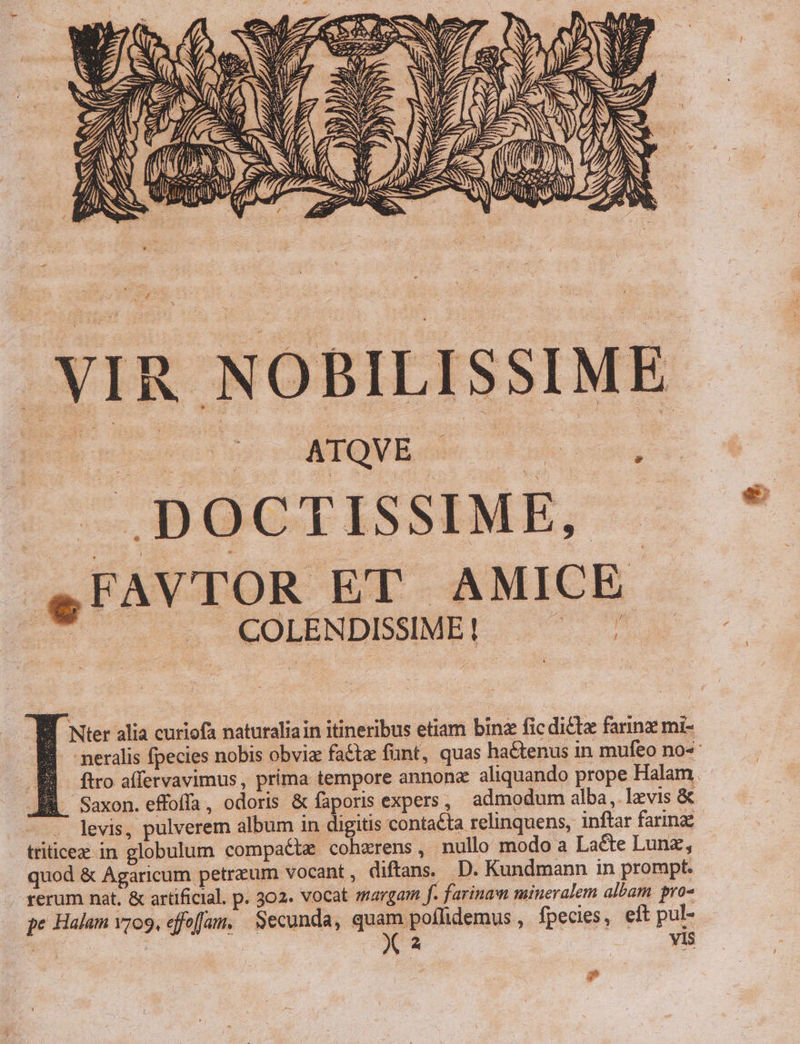 SN MN 2 — SN TER NS boIISM VIR NOBILISSIME J DpOCTISSIME, e FAVTOR ET. AMICE. : ; BI Nter alia curiofa naturaliain itineribus etiam binz fic dicta farinz mi- ? £j Saxon. effoffa , odoris &amp; faporis expers , admodum alba ,. levis &amp; triticex in globulum compacte cohzrens, nullo modo a Lacte Lunz, quod &amp; Agaricum petreum vocant, diftans. .D. Kundmann in prompt. rerum nat. &amp; artificial. p. 302. vocat margam f- farinam mineralem albam. pro- pe Halam v7o9, effeffam, | Secunda, quam poffidemus , fpecies, elt pul- a RS | A3 . Vis p -