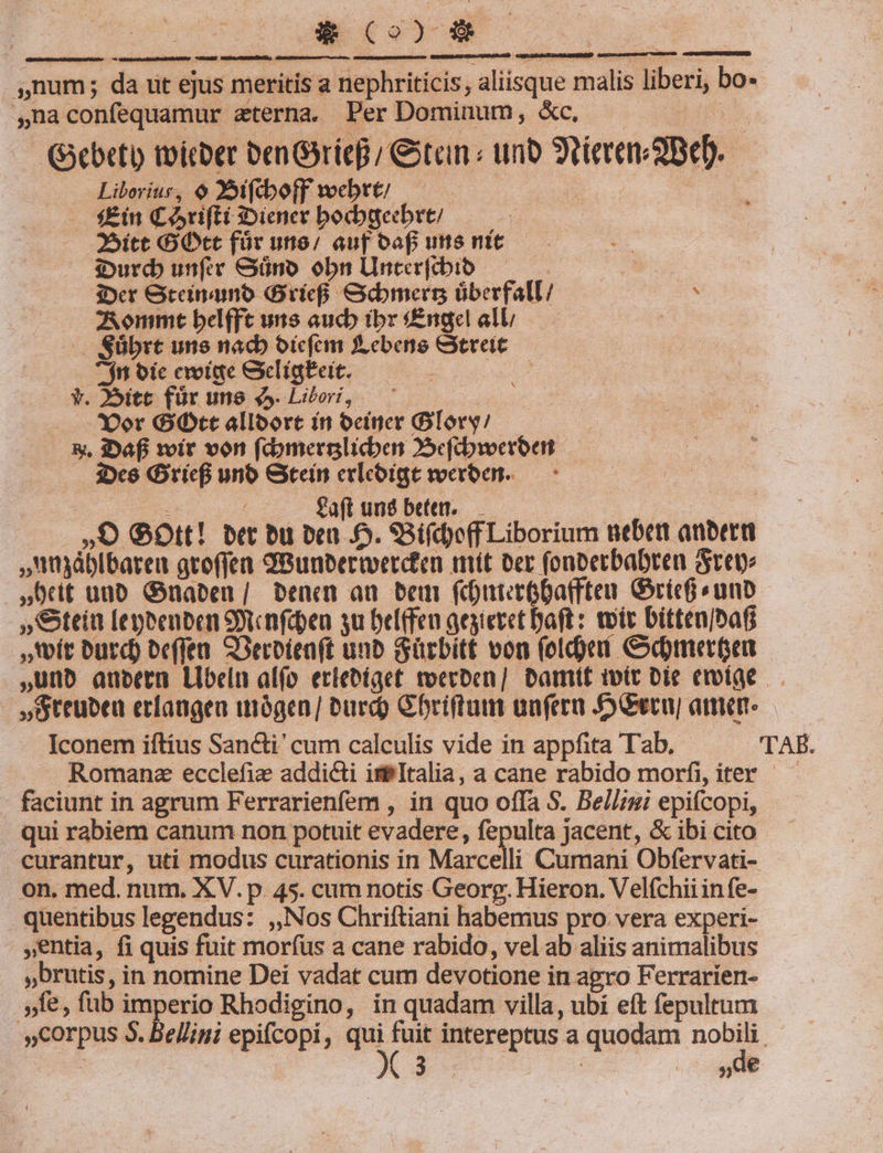 [d p sd ,num; da ut ejus meritis a nephriticis, aliisque malis liberi, bo« ,»,naconfequamur aeterna. Per Dominum, &amp;c, af ( (ebeti toicber Den GorieB &amp;tcin « unb tiere 2BeD. Liboriur, $ »ifcbofFf WebrE 7o : : : —— $£in C oriftí iDiener becbgecbrt/ »itt Ott für uno/ auf caf utis mit— | iburcb unftr &amp;üno obn Uncer(cbio D $3»er Gtecinamóo Giuief mers überfall/ ' A ommt bel(ft uns aucb ibrs£ngelall /—-— || &amp;übrt une nacb bic(cm f ebene tret $n oic cvotae eligit. | v. 25itc für une $5. Libori, | Yor G0tt alloort in ociner Glory? — &amp;, iDafi toir von fc:omerslicben OSefd:bwoerónt .. $e Grief uno Stein erleoige voeroen. — | : £aft und beten..— | O GOtt! bet bu beu o. 9Bifd)e(f Liborium neben aubetti ,un3áblbareu gtoffen 9Bunbertverdten mit Der (onbetbabrea ret Oct uno Guaben / Denem au. bem (hutetGba(fteu Gric&amp; «unb » Stein [epeenben 9icnfden 3u belffen aegierct Daft: tit bitten/bat »tít burd) be(feun SDeroienft unb Gürbitt von (elc)ei Cxbmerpen ,Unb auberen Libein aí(o eriebiaet roecben] Damif toit Die emotae »Steubea erfaugen mógen/ burd) Chriftum uafera eru] amen: — Iconem iftius Sancti' cum calculis vide in appfita Tab. - 'TAB. . Romane ecclefie addicti iteItalia, a cane rabido morfi, iter - - faciunt in agrum Ferrarienfem , in quo offa S. Bellis epifcopi, . qui rabiem canum non potuit evadere, fepulta jacent, &amp; ibi cito curantur, uti modus curationis in Marcelli Cumani Obfervati- on. med. num, XV. p. 45. cum notis Georg. Hieron. Velfchiiinfe- quentibus legendus: ,,Nos Chriftiani habemus pro. vera experi- entia, fi quis fuit morfus a cane rabido, vel ab aliis animalibus brutis, in nomine Dei vadat cum devotione in agro Ferrarien- fe, fub imperio Rhodigino, in quadam villa, ubi eft fepultum .»corpus 3. Bellini epifcopi, - e intereptus a quodam e Bi j | de