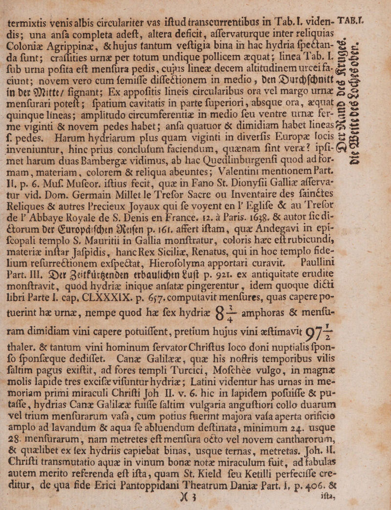 termixtis venisalbis circulariter vas iftud transcurrentibus in Tab. I. viden- TAB.T. dis; una anfa completa adeft, altera deficit, affervaturque inter reliquias Coloniz Agrippinz, &amp;hujus fantum veftigia bina in hac hydria fpeCtan- *2. da funt; craffities urnz pet totum undique pollicem equat; linea Tab. I. -f- füb utna pofita eft menfüra pedis, cujis linez decem altitudinem urceifa- &amp;&amp; 45 ciunt; novem vero cum femiffe diffeétionem in medio , ten Syurd)fcbuitt 49 ín ber 9Rtitte/ fignant; Ex appofitis lineis circularibus ora vel margo ume 25 2. menfurari poteit; fpatium cavitatis in parte fuperiori , absque ora, qat e so quinque lineas; amplitudo circumferentiz in medio feu ventre urna fer- E e me viginti &amp; novem pedes habet; anfa quatuor &amp; dimidiam habet linease5 «e f. pedes. Harum hydriarum plus quam viginti in diverfis Europa locis z inveniuntur, hinc prius conclufum faciendum, quanam fint verz? ipfi- &amp;4* met harum duas Bambergz vidimus, ab hac Quedlinburgenfi quod ad for- mam,, materiam, colorem &amp; reliqua abeuntes; Valentini mentionem Part. Ii, p. 6. Muf. Mufeor. iftius fecit, qua in Fano St. Dionyfii Gallix afferva- tur vid. Dom. Germain Millet le Trefor Sacre ou Inventaire des fainctes Reliques &amp; autres l'recieux Joyaux qui fe voyent en I Eglife &amp; au 'Trefor. de l' Abbaye Royale de S. Denis en France. 12. à Paris. 1658. &amp; autor ficdi- - &amp;orum ber Curopd:fdyn Steifm p. 161. affert iftam, qua Andegavi in epi- — fcopali templo S, Mauritii in Gallia monftratur, coloris hzc eft rubicundi, materiz inftar Jafpidis, hancRex Siciliz, Renatus, qui in hoc templo fide- lium refuürreétionem exfpectat, Hierofolyma apportari curavit. — Paullini Part. III, Syet Seitfür&amp;enben erbautid)ta uf p. 921. ex antiquitate erudite monftravit, quod hydriz inique aníatz pingerentur , idem quoque dict libri Parte I. cap, CLXXXIX. p. 657. computavit menfures, quas capere po- tuerint he urnz, nempe quod hz fex hydrie 8 M amphoras &amp; menfü- bie 9Bt ; LESS L a e € e 2 A 2 * j: y ram dimidiam vini capere potuiffent , pretium hujus vini zftimavit 977 thaler. &amp; tantum vini hominum fervator Chriftus loco doni nuptialis fpon- fo fponfrque dediffe. Cana Gallrz, quz his noftris temporibus vilis - faltim pagus exiftit, ad fores templi Turcici, Mofchée vulgo, in magna - molis lapide tres excife vifüntur hydrie; Latini videntur has urnas in me- moriam primi miraculi Chrifti Joh. II. v. 6. hic in lapidem pofuiffe &amp; pu- taffe, hydrias Can Galilez fuiffe faltim. vulgaria anguftiori collo duarum vel trium menfürarum vafa , cum potius fuerint majora vafa aperta orificio amplo ad lavandum &amp; aqua fe abluendum deftinata, minimum 24. usque 28. menfuürarum, nam metretes eft menfura oéto vel novem cantharorum, &amp; qualibet ex fex hydriis capiebat binas, usque ternas, metretas. Joh. il. Chrifti transmutatio aqua in vinum bonz nota miraculum fuit, ad fabulas autem merito ref-renda eft ifta, quam St. Kield feu Ketilli perfeciffe cre- ditur, de qua fide Erici Pantoppidani c Danig Part. 1, p. 406. &amp; ' Y ) j ifta,