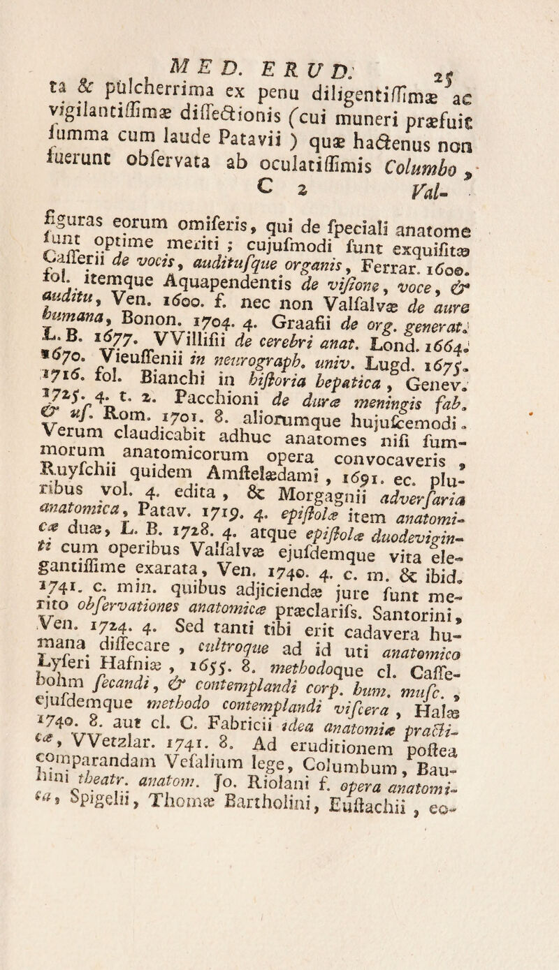 MED. E RUD. 2< ta & pulcherrima ex penu diligentiflimi ac vigilantiflimae dineaionis ('cui muneri prsefuis iumma cum laude Patavii ) qu* haftemis non luerunt obfervata ab oculatiffimis Columbo » c 2 Val- llnrranm?rum omiferis ’ 9uj de fpcciali anatome CafTerii^// 6 ,meilt* ; cujufmodi fiint exquifitt© fntiJ de voct{’ “vdttufque organis, Ferrar? i6qq. toi itemque Aquapendentis de vifhne, voce, & ZtZ' Vpn‘ Id0a f’ nec non Valfalv* de auro humana, Bonon. 1704. 4. Graafii de org. generat b^- v77'<rV—hf de cerebri anat- Lond. 1664: 716• fo!- Bianchi in bifloria hepatica , Genev. >4hC' z' I>acciiion' de dura meningis fab. Venm 2- aliorumque hujufcemodi. \ erum claudicabit adhuc anatomes nifi fum- morum anatomicorum opera convocaveris , Ruyfchu quidem Amftdadanii , 1691. ec 0iu. liOus vol. 4. edita , & Morgagnii adverfaria ZaTKal PntaV’ I719' 4‘ eW°l* item aJtomi- tf r ' L ?• at<3ue epiflol* duodevigin¬ ti. cum operibus Valfalva ejufdemque vita fle- gaiitiffime exarata Ven. ,740. 4. c m. & ibid, ■74‘- ,c' ml1?- quibus adjicienda: jure funt me- rito ohfervationes anatomica preeclarifs. Santorini ,Veii. 1724. 4. Sed tanti tibi erit cadaveri hn* mana diffecare , cnhroque ad id ut taZumTo .-> fen Hafma; , 11S54. 8. methodoque cl. Caffe- .50hni fecundi, & contemplandi corp. hum. mufc. , ejuidemque methodo contemplandi vifcera , tJ4°w aii* C*‘ C' Fabricii idea anatomia pratti- *' v Vetzlar. 1741. 8. Ad eruditionem noftea comparandam Vefalmm lege. Columbum^Bau- lum thfatr._ anatom. Jo. Riolani f. opera anatomi- Spigeln, Thointe Bartholini, Euflachii , eo-