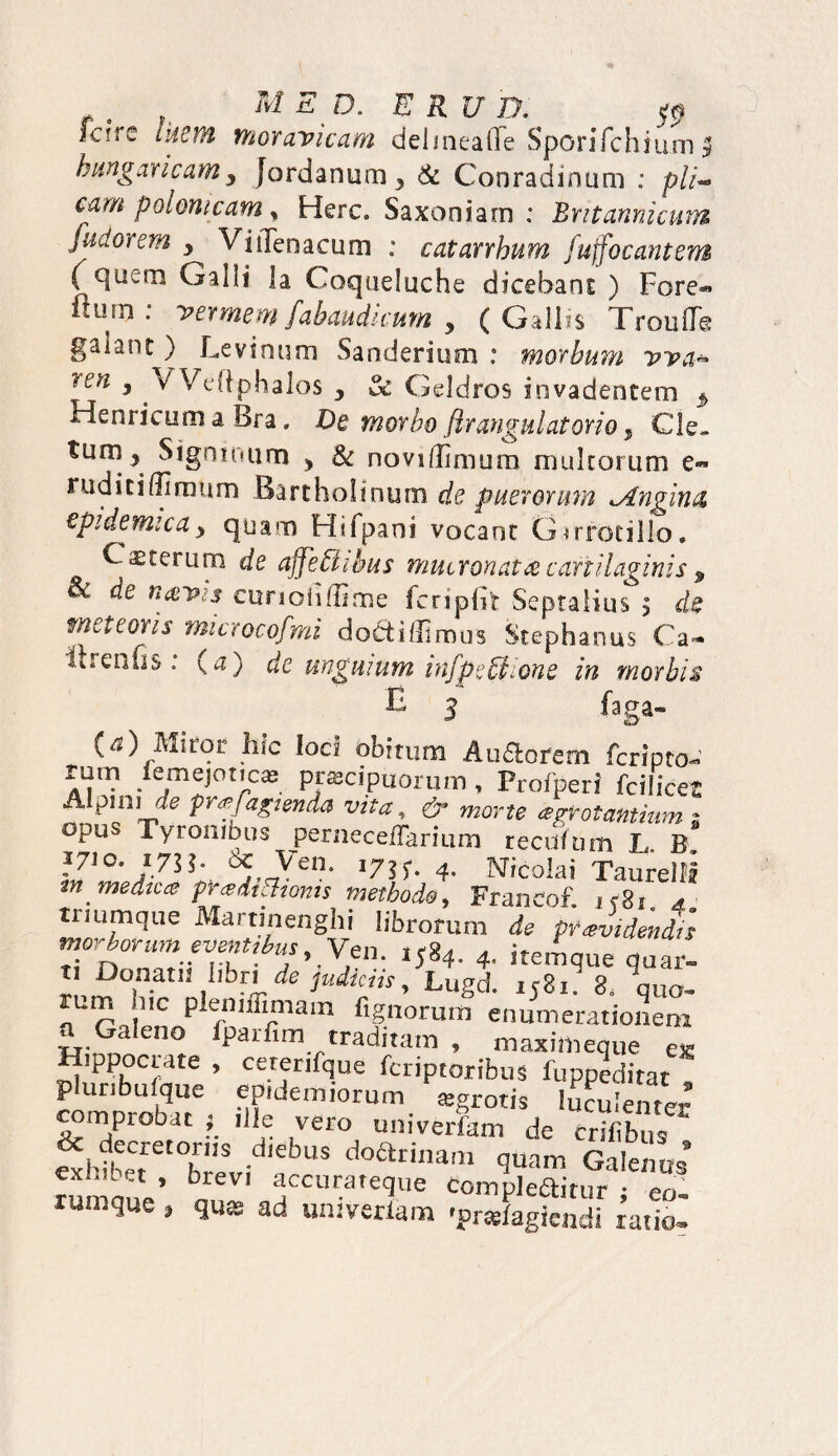 icnc morar icam delineafle SponTchium 5 hmgaricamy Jordanum , & Conradinum : pli¬ cam polonicam y Here. Saxoniam : Britannicum fudor em y VitTenacum : catarrhum (uffocantem (quem Galli la Coqueluche dicebant ) Fore* Fturn: vermemfahaudkum , (Gallis Trouflfe galant ) Levinum Sanderium : morbum vva* . / Vdiphalos , & Geldros invadentem j> Henricimi a Bra. De morbo flrangulatorio 9 Cie» tum ? Signinum > & noviffimum multorum e« ruditidiraum Bartholinum cis puerorum lAngirux, epidemica ■> quam Hi l pani vocant Gnr foti lio. Ceterum de affeffiibus mucronata cartilaginis 9 de nans cunoiiffime fcripfit Septalius 5 de meteoris microcofmi doctiflimus Stephanus Ca- it ren fis . ( a) de unguium infpeffiione in morbis E 3 faga» (a) Mitor hic loci obitum Au£tofem feripto-» rum lemejotic^ prascipuorum, Profperi fcilicet A pini de praifagi&nda vita, morte agroi antium 1 opus Tyronibus pernecelTarmm recufum L B 1710. 173}. 6c Ven. 173f. 4. Nicolai Taurellf inmedtca pradtStianis methode> Francof i<8i * ■ triumque Martinenghi librorum de prJidendis morborum eventibus, Ven » i*™,,,,.* ^ rn D°patI‘ /,br* de iudic^ > Lugd. 1581. 8i ^quo~ rum hic pleniffimain lignorum enumerationem T-rS, Cn° traditam , rnaximeque eg Hippocrate , cerenfque feriptoribus fuppeditat plunbufque epidemiorum aggrotis luculenter comprobat ; ille vero univerfam de erilibus .rsr» sgr