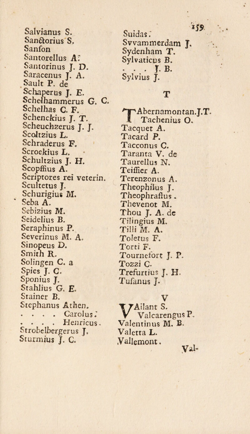 Salvianus S* Saritorius S* Sanfon Santorellus Ai' Samorinus J. D, Saracenus J. A. . Sault P. de Schaperus J, E, ScheJhammerus G, C, Schelhas C. F. Schenckius J. T. Scheuchzerus J. J, ScoJt2ius L. Schraderus F„ Scroekius Le Schultzius J, H9 Scopffius A. Scriptores rei veterin. Scultetus J, Schurigius M. Seba A. Sebizius M, Seidelius B. Seraphinus P. Severinus M= A, Sinopeus D* Smith 11, Solingen C* a Spies J, C. Sponius J. Stahlius G. E» Stainer B» Stephanus Athen. . . . . Carolus» . . . . Henricus. Strobelbergerus J. Sturniius J. C. Suidas 7 Svvaminerdam T. Sydenham T. Sylvaticus B, • • . J. Ba Sylvius J* T TAbernam on tan. J.T* Tachenius Q» Tacquet A. Tacard P. Tacconus C. Taranta V* de Taureilus N, Teiffier A. Terenzonus A, Theophilus J. Theophrailus. Thevenot M. Thou A. de Tilingius M. Tifii M, A. Toletus F, Torti F» Tournefort J. P, Tozzi C- Trefurtius J. B, Tu/anus J» V Ailant S. Valcarengus P, Valentinus M. B. Valetta L. .Vallemont. Yal-