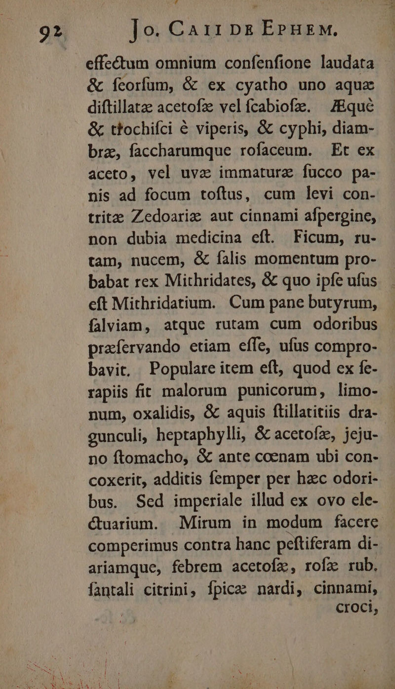 ve effe&amp;tum omnium confenfione laudata &amp; feorfum, &amp; ex cyatho uno aqux diftillatze acetofz vel fcabiofz. —ZEqué &amp; tfochifci € viperis, &amp; cyphi, diam- bra, faccharumque rofaceum. Et ex aceto, vel uva immaturz fucco pa- nis ad focum toftus, cum levi con- trit Zedoariz aut cinnami afpergine, non dubia medicina eft. Ficum, ru- tam, nucem, &amp; falis momentum pro- babat rex Mithridates, &amp; quo ipfe ufus eft Mithridatium. Cum pane butyrum, falviam, atque rutam cum odoribus prafervando etiam effe, ufus compro- bavit, Populare item eft, quod ex fe- rapiis fit malorum punicorum, limo- num, oxalidis, &amp; aquis flillatitiis dra- . gunculi, heptaphylli, &amp; acetofz, jeju-- no ftomacho, &amp; ante coenam ubi con- coxerit, additis femper per haec odori- bus. Sed imperiale illud ex ovo ele- c&amp;uarium. Mirum in modum facere comperimus contra hanc peftiferam di- ariamque, febrem acetofa, rofz rub. fantali citrini, fpica? nardi, cinnami, croci,