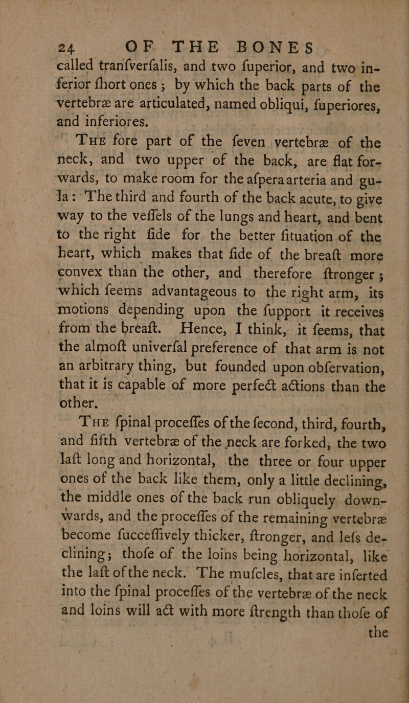 called tranfverfalis, and two fuperior, and two in- vertebr are articulated, named obliqui, fuperiores, and inferiores. - Tue fore part of the feven yertebre of the ‘wards, to make room for the afperaarteria and gu- Ja: ‘The third and fourth of the back acute, to give way to the veffels of the lungs and heart, and bent. to the right fide for. the better fituation of the heart, which makes that fide of the breaft more convex than the other, and therefore ftronger ; which feems advantageous to the right arm, its motions depending upon the fupport it receives . from the breaft. Hence, I think, it feems, that the almoft univerfal preference of that arm is not an arbitrary thing, but founded upon obfervation, other, Tue fpinal proceffes of the fecond, third, fourth, and fifth vertebre of the neck are forked, the two Jaft long and horizontal, the three or four upper _ the middle ones of the back run obliquely down- wards, and the proceffes of the remaining vertebra become fucceffively thicker, ftronger, and lefs de- clining; thofe of the loins being horizontal, like the laft ofthe neck. The mufcles, that are inferted into the fpinal proceffes of the vertebre of the neck and loins will act with more ftrength than thofe of