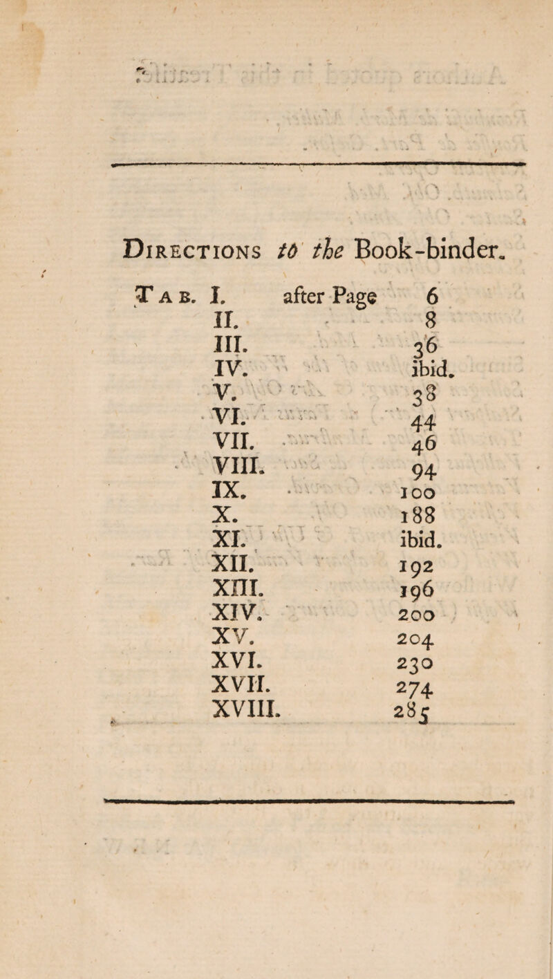 Directions td the Book-binder. • x • * , T a b. I. after Page 6 II. 8 III. 36 IV. ibid V. 3s VI. . 1 \ 44 VII. 46 VIII. 94 IX. 100 X. 188 XI. ibid. XII. 192 xm. 196 XIV. 200 XV. 204 XVI. 230 XVII. 274 XVIII. 285