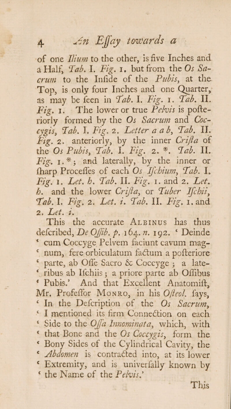 of one Ilium to the other, is five Inches and a Half, Tab. I. Fig. i. but from the Os Sa¬ crum to the Infid e of the Pubis, at the Top, is only four Inches and one Quarter* as may be teen in Pub. I. Fig. i. Tab. II. Fig. i. The lower or true Pelvis is pofte- riorly formed by the Os Sacrum and Coc- cygis, Tab. I. Fig. 2. Letter a a b. Tab. II. Fig. 2. anteriorly, by the inner Crijla of the Os Pubis, Tab. I. Fig. 2. Tab. II. Fig. 1.*; and laterally, by the inner or fharp Proceffes of each Os Ifchium, Tab. I. Fig. 1. Let. h. Tab. II. Fig. 1. and 2. Let. h. and the lower Crijla, or Tuber Ifchii, Tab. I. Fig. 2. Let. i. Tab. II. Fig. i.and 2. Let. i. This the accurate Albinus has thus defcribed, De OJJib. p. 164.72. 192. ‘ Deinde * cum Coccyge Pelvem faciunt cavum mag- c num, fere orbiculatum faCtum a pofteriore 4 parte, ab Ofife Sacro & Coccyge 3 a late- 1 ribus ab Ifchiis; a priore parte ab Offibus f Pubis.’ And that Excellent Anatomift, Mr. Profeffor Monro, in his Ofteol. fays, c In the Defcription of the Os Sacrum, c I mentioned its firm Connection on each c Side to the OJJa Innominata, which, with * that Bone and the Os Coccygis, form the c Bony Sides of the Cylindrical Cavity, the c Abdomen is contracted into, at its lower c Extremity, and is univerfally known by ‘ the Name of the Pelvis.* This