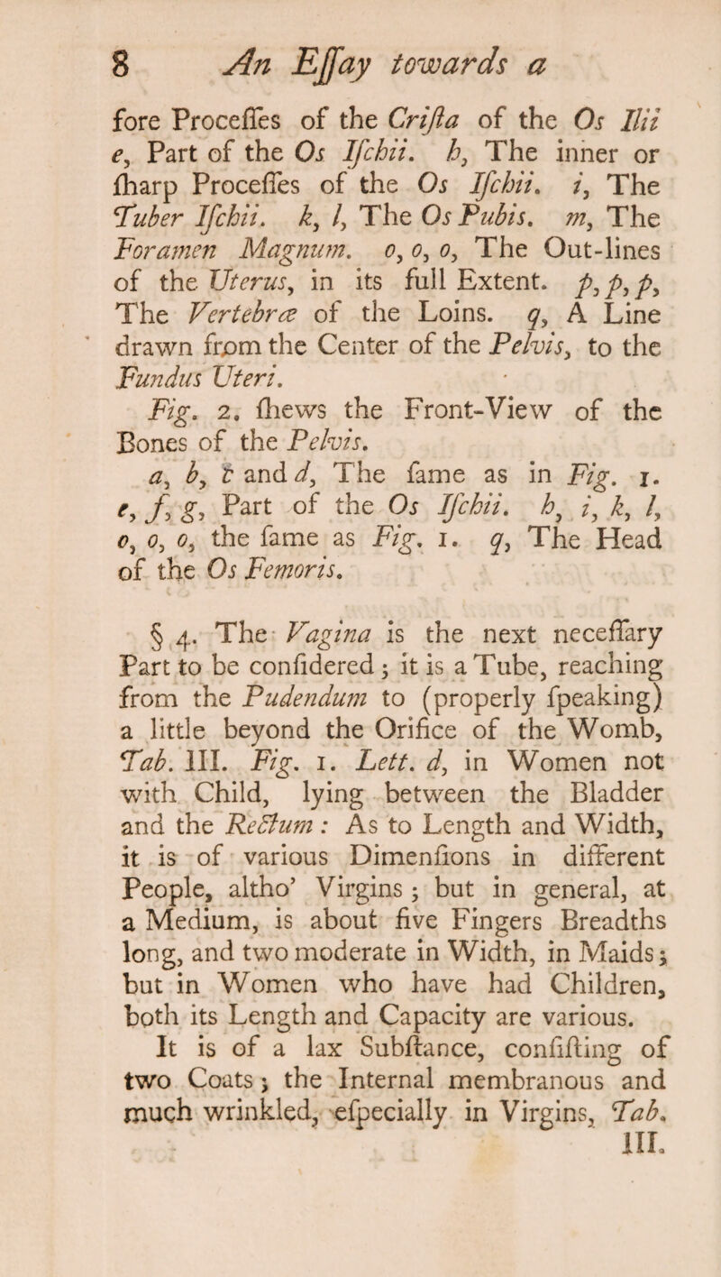 fore Proceffes of the Crijla of the Os Ilii e, Part of the Os Ifchii. h} The inner or {harp Precedes of the Os Ifchii. i, The Tuber Ifchii. k, /, The Os Pubis, The Foramen Magnum. o, o, o. The Out-lines of the Uterus, in its full Extent, py p, py The Vertebra of the Loins, y, A Line drawn from the Center of the Pelvis, to the Fundus Uteri. Fig. 2. {hews the Front-View of the Bones of the Pelvis. a, r and ^ The fame as in FVg. i. f gy Part .of the Os Ifchii. hy /, k, /, o, o, 0, the fame as EVg\ i. y, The Head of the Os Femoris. § 4. The Vagina is the next neceffary Part to be confidered 5 it is a Tube, reaching from the Pudendum to (properly fpeaking) a little beyond the Orifice of the Womb, Tab. III. Fig. 1. Lett, d, in Women not with Child, lying between the Bladder and the Re Bum : As to Length and Width, it is of various Dimenfions in different People, altho’ Virgins; but in general, at a Medium, is about five Fingers Breadths long, and two moderate in Width, in Maids; but in Women who have had Children, both its Length and Capacity are various. It is of a lax Subftance, confifting of two Coats; the Internal membranous and much wrinkled, efpecially in Virgins, Tab. III.