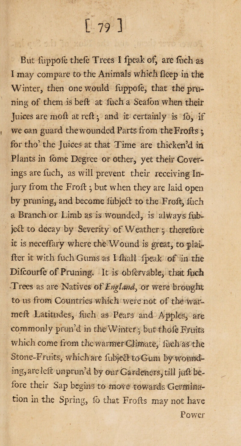 But fiippofe thele Trees I fpeak of, are fuch as I may compare to the Animals which fleep in the Winter, then one would luppofe, that the pru¬ ning of them is bell at fuch a Seafon when their Juices are moft at reft} and it certainly is lb, if we can guard the wounded Parts from theFrofts 7 for tho’ the Juices at that Time are thicken’d in Plants in fome Degree or other, yet their Cover¬ ings are fuch, as will prevent their receiving In¬ jury from the Froft *, but when they are laid open by pruning, and become fubjed: to the Froft, fiich a Branch or Limb as is wounded, is always fub- jecr to decay by Severity of Weather 7 therefore it is neceftary where the Wound is great, to plaL fter it with fuch Gums as I ihall Ipeak of in the Difcourfe of Pruning. It is obfervable, that fuch Trees as are Natives of England, or were brought to us from Countries which were not of the war- mefb Latitudes, fuch as Pears and Apples, are commonly prun’d in the Winter • but thole Fruits which come from die warmer Climate, fuch as the Stone-Fruits, which are fubjeef to Gum by wound¬ ing, are left unprun’d by our Gardeners, till juft be¬ fore their Sap begins to move towards Germina¬ tion in the Spring, fo that Frofts may not have Powrer