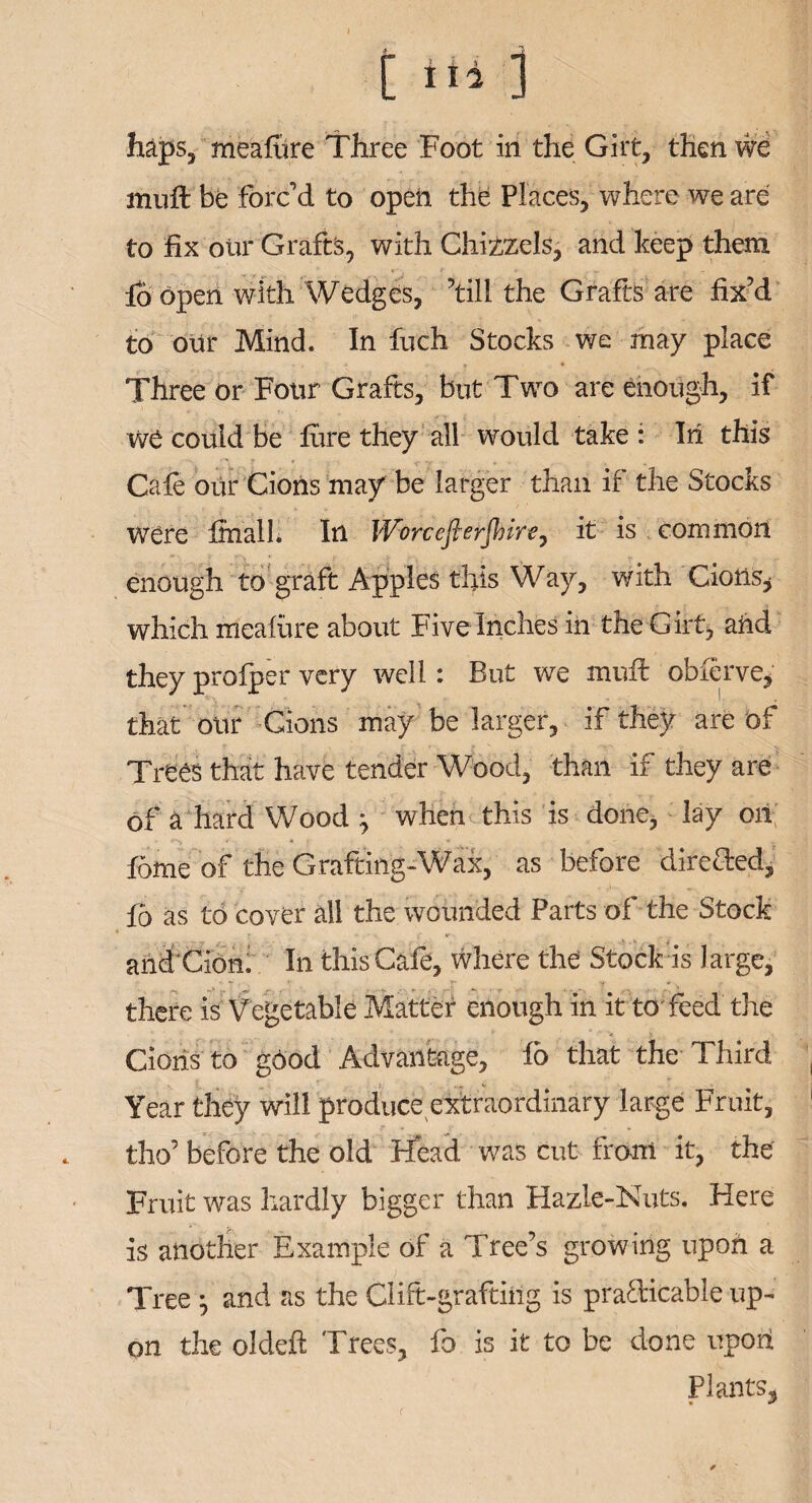 haps, mealure Three Foot in the Girt, then we mull be forc’d to open the Places, where we are to fix our Grafts, with Chizzels, and keep them fo open with Wedges, ’till the Grafts are fix’d to our Mind. In fuch Stocks we may place Three or Four Grafts, but Two are enough, if we could be lure they all would take : In this ? * * '» ' Gale our Cions may be larger than if the Stocks were final 1. In Woreefierjhire, it is common enough to graft Apples this Way, with Cions* which mealure about Five Inches in tne Girt, aiid they prolper very well: But we muft obferve* that our Cions may be larger, if they are of Trees that have tender Wood, than if they are of a hard Wood ^ when this is done, lay on fome of the Grafting-Wax, as before directed, fo as to cover all the wounded Parts of the Stock and Cion: In this Cafe, where the Stock is l arge, \ 1 v -f » there is Vegetable Matter enough in it to'feed the Cions to good Advantage, fo that the Third Year they will produce extraordinary large Fruit, tho’ before the old Head was cut Irani it, the Fruit was hardly bigger than Hazle-Nuts. Here is another Example of a Tree’s growing upon a Tree ^ and as the Clift-graftmg is practicable up¬ on the oldefl: Trees, fo is it to be done upon Plants,