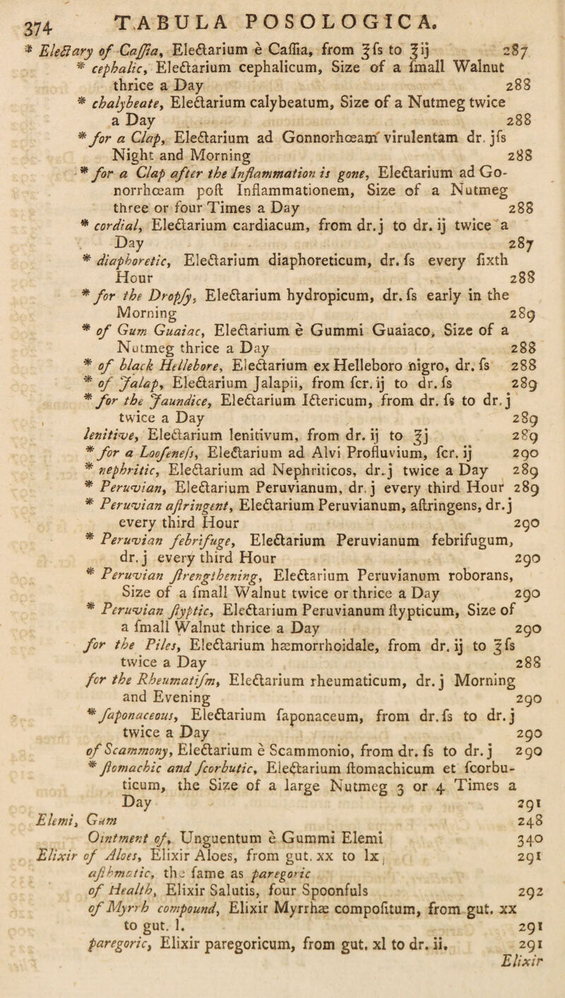 * Eleftary of Caffia, Ele&arium e Caflia, from ^fs to |ij 287 * cephalic, Eledtarium cephalicum, Size of a (mail Walnut thrice a Day 288 * chalybeate, Ele&arium calybeatum, Size of a Nutmeg twice a Day 288 * for a Clap, Ele&arium ad Gonnorhceam virulentam dr. jfs Night and Morning 288 * far a Clap after the Inflammation is gone, Eleflarium ad Go- norrhceam poft Inflammationem, Size of a Nutmeg three or four Times a Day 288 * cordial, Eleftarium cardiacum, from dr. j to dr. ij twice a Day 287 * diaphoretic, Ele&arium diaphoreticum, dr. fs every iixth Hour 288 * for the. Dropfy, Eledlarium hydropicum, dr. fs early in the Morning 289 * of Gum Guaiac, Eleftarium e Gummi Guaiaco* Size of a Nutmeg thrice a Day 288 * of black Hellebore, Eie&arium ex Helleboro ftigro, dr. fs 288 * of Jalap, Eledlarium Jalapii, from fcr. ij to dr. fs 289 * for the Jaundice, Eleftarium I&ericum, from dr. fs to dr. j twice a Day 289 lenitive, Ele&arium lenitivum, from dr. ij to Jj 289 * for a Loofenefs, Ele<flarium ad Alvi Profluvium, fcr. ij 290 * nephritic, Ele&arium ad Nephriticos, dr.j twice a Day 289 * Peruvian, Ele&arium Peruvianum, dr. j every third Hour 289 * Peruvian afiringent, Ele&arium Peruvianum, aftringens, dr. j every third Hour 290 * Peruvian febrifuge, Elettarium Peruvianum febrifugum, dr. j every third Hour 290 * Peruvian flrengibening, Ele£tarium Peruvianum roborans, Size of a fmall Walnut twice or thrice a Day 290 * Peruvian flyptic, Elettarium Peruvianum ftypticum, Size of a fmall Walnut thrice a Day 290 for the Piles, Eledtarium haemorrhoidale, from dr. ij to Jfs twice a Day 288 for the Rheumatifm, Eledtarium rheumaticum, dr. j Morning and Evening 290 * faponaceous, Eledtarium faponaceum, from dr.fs to dr. j twice a Day 290 of Scammony, Eledtarium e Scammonio, from dr. fs to dr.j 290 * ftomachic and fcorbutic, Eledtarium ftomachicum et fcorbu- ticum, the Size of a large Nutmeg 3 or 4 Times a Day - 291 Eh mi. Gum 248 Ointment of, Unguentum e Gummi Elemi 340 Elixir of Aloes, Elixir Aloes, from gut. xx to lx 291 aflhmotic, the fame as paregoric of Health, Elixir Salutis, four Spoonfuls 292 of Myrrh compound, Elixir Myrrhas compolitum, from gut. xx to gut. 1. 291 paregoric, Elixir paregoricum, from gut. xl to dr. ii. 291 Elixir