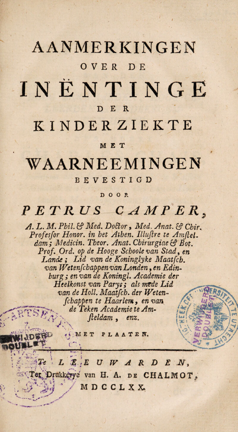 ) t AANMERKINGEN OVER DE INËNTINGE DER KINDER ZIEKTE MET WAARNEEM IN GEN BEVESTIGD DOOR PETRUS CAMPER A. L. M. Phil. & Med. DoEtor 9 Med, Anat. Chir. Profesfor Honor. in het Alben. Illujlre te Amftel- dam; Medicin. Tbeor. Anat. Cbirurgiae & Bot. Prof. Ord. op de Hooge Scboolevan Stad, en Lande; Lid van de Koninglyke Maatfcb. van Wetenfchappen van Londen, en Edin- burg ; en van de Koningl. Academie der Heelkonst van Parys; als mtde Lid van de Holl. Maatfcb. der Weten- fchappen te Haarlem, en van de Teken Academie te Am- ^ 'R ft el dam 9 enz. L> J: \ . . MET ***. L \ P L A A T E PT. , * . r* * \  f Y‘V \o\ pz Nffcv v • ygg 4i% ■- r ■ LEE U W A K D E N, • Tej'Drukk^ys van H. A. de CHALMOT.