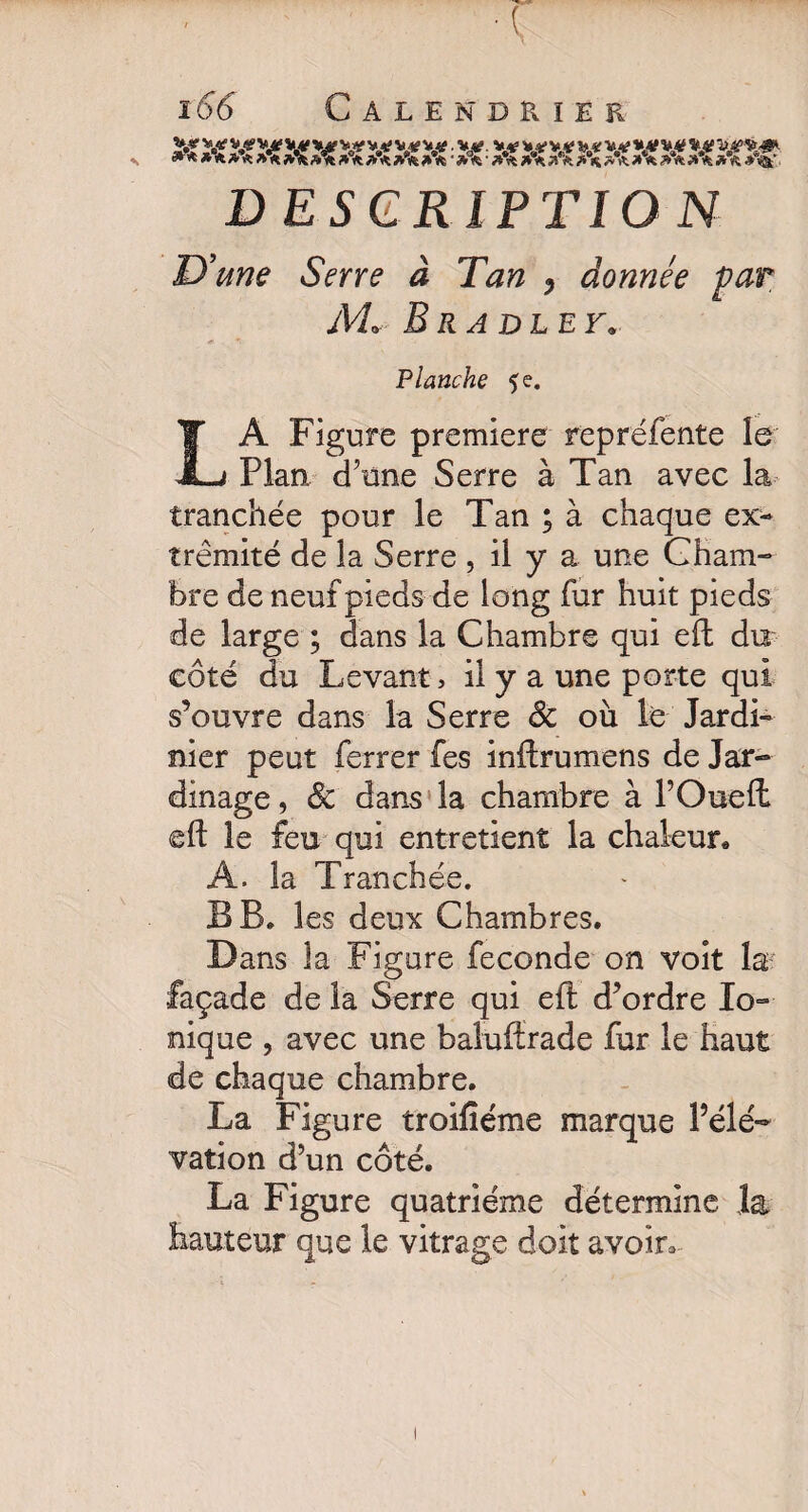 »****A»*Aa%AA A*A AA ' AA ' A% AA AA A A AA A* AA AA AA •**& DESCRIPTION U» me Serre à Tan , donnée par M« Bradley. Planche $e. LA Figure premiere repréfente le Plan d’une Serre à Tan avec la tranchée pour le Tan ; à chaque ex¬ trémité de la Serre , il y a une Cham¬ bre de neuf pieds de long fur huit pieds de large ; dans la Chambre qui eil du côté du Levant, il y a une porte qui s’ouvre dans la Serre 8c où le Jardi¬ nier peut ferrer fes inftrumens de Jar¬ dinage , 8c dans la chambre à l'Oued eft le feu qui entretient la chaleur* A. la Tranchée. B B. les deux Chambres. Dans la Figure fécondé on voit la façade de la Serre qui eft d’ordre Io¬ nique , avec une baluflrade fur le haut de chaque chambre. La Figure troifiéme marque l’élé¬ vation d’un côté. La Figure quatrième détermine la hauteur que le vitrage doit avoir* 1