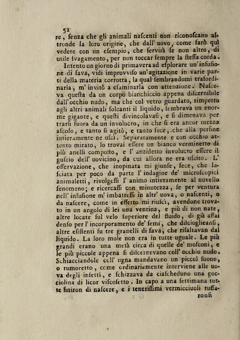 re, fenza che gli animali nafcenti non riconofcano al* tronde la loro origine, che dall’uovo, come farò qui vedere con un efempio, che fervira fe non altro, di utile ivagamento, per non toccar Tempre la fletta corda. Intento un giorno di primavera ad efplorare un infufio- ne di fava, vidi improvvifo un’agitazione in varie par¬ ti della materia corrotta, la qualSembrandomi tralordi- naria, m’invitò a efaminarla con attenzione . Nasce¬ va quella da un corpò bianchiccio appena ditternibile dall’occhio nudo, ma che col vetro guardato, rimpetto agli altri animali folcanti il liquido, lembrava un enor- roe gigante, e quelli divincolava!!, e fi dimenava per trarli fuora da un involucro, in che lì era ancor mezzo afcofo, e tanto fi agitò, e tanto lece, .che alla perfine intieramente ne ufcì. Separatamente e con occhio at¬ tento mirato, lo trovai ettere un bianco verminetto di più anelli compotto, e 1’ anzidetto involucro ettere il gufcio dell’ uovicino, da cui allora ne era ulcito. L ottervazione, che inopinata mi giunfe, fece, che la¬ icista per poco da parte 1’ indagine de’ microttopici animaletti, rivolgeffi 1’ animo intieramente al novello fenomenoj e ricercali! con minutezza, fe per ventura nell’ infufione m’imbattetti in altr’ uova, o nafcenti, o da nattere, come in effetto mi riulci, avendone trova¬ to in un angolo di lei una ventina, e piu di non nate, altre locate fui velo luperiore del fluido, di già aliai denfo per l’incorporamento de’ Temi, che dilcioglieanfi , altre efiftenti fu tre granelli di fava, che rifaltavan dai liquido. La loro mole non era in tutte uguale. Le più grandi erano una metà circa di quelle de molconi, e le più piccole appena fi ditternevano colf occhio nudo. Schiacciandole coll’ ugna mandavano un piccol Tuono, o rumoretto , cerne ordinariamente interviene alle uo¬ va degli infetti, e fchizzava da ciafcheduno una goc¬ ciolina di licor vifeofetto . In capo a una fettimana tut¬ te finiron di nafceie, e i teneriflìmi vermicciuoli tuffa- ronfi