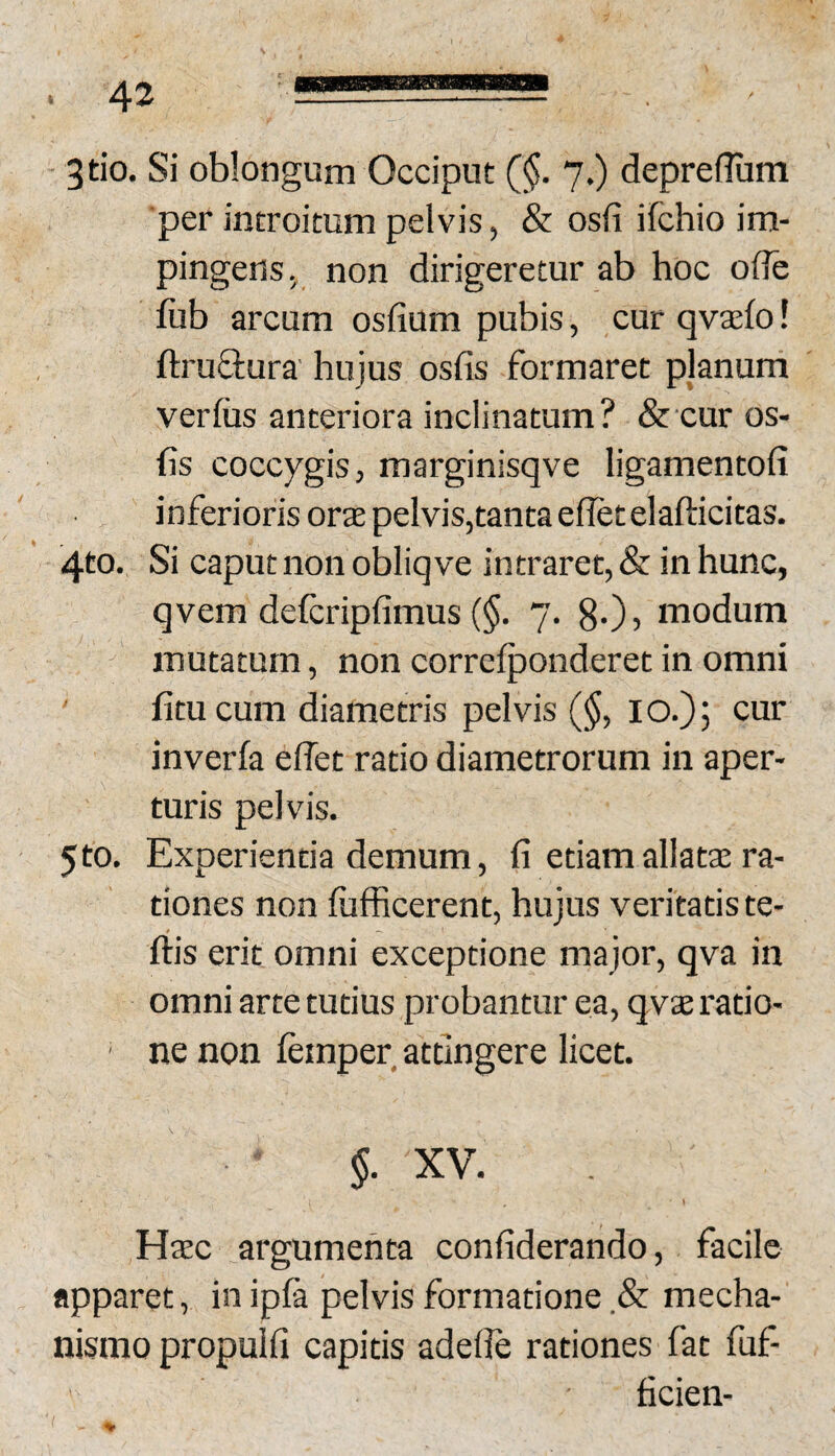 3tio. Si oblongum Occiput (§. 7.) deprefTum per introitum pelvis, & osfi ifchio im¬ pingens. non dirigeretur ab hoc ode fub arcum osfium pubis, cur qvxfo! ftruQ;ura' hujus osfis formaret planum verius anteriora inclinatum? & cur os¬ fis coccygis, marginisqve ligamentofi inferioris orte pelvis,tanta efiet elafticitas. 4to. Si caput non obliq ve intraret, & in hunc, qvem defcripfimus ($. 7. 80 > modum mutatum, non correfponderet in omni fitu cum diametris pelvis ($, loO; cur inverfa efiet ratio diametrorum in aper¬ turis pelvis. 5to. Experientia demum, fi etiam allatae ra¬ tiones non fufhcerent, hujus veritatis te¬ rtis erit omni exceptione major, qva in omni arte tutius probantur ea, qvaeratio- ' ne non lemper attingere licet. §. XV. Haec argumenta confiderando, facile apparet, in ipla pelvis formatione & mecha¬ nismo propulfi capitis adelfe rationes fat fuf- ficien-