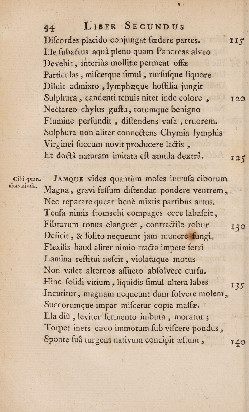 IIJ* Cibi quan. titas nimia. 44* Liber Secundus Difcordes placido conjungat foedere partes. Ille fubadus aqua pleno quam Pancreas alveo Devehit, interius mollitae permeat offae Particulas , mifcetque fimul, rurfufque liquore Diluit admixto , lymphaeque hoftilia jungit Sulphura 5 candenti tenuis nitet inde colore , Nedareo chylus guftu, totumque benigno Flumine perfundit , diftendens vafa , cruorem. Sulphura non aliter connedens Chymia lymphis Virginei fuccum novit producere ladis , Et doda naturam imitata eft urnula dextra. Jamque vides quantum moles intrufa ciborum Magna 5 gravi felium diftendat pondere ventrem ^ Nec reparare queat bene mixtis partibus artus. Tenfa nimis ftomachi compages ecce labafcit. Fibrarum tonus elanguet , contradile robur Deficit, & folito nequeunt jam munere fungi. Flexilis haud aliter nimio trada impete ferri Lamina reftitui nefcit , violataque motus Non valet alternos affueto abfolvere curfu. Hinc folidi vitium , liquidis fimul altera labes Incutitur, magnam nequeunt dum folvere molem 3 Succorumque impar mifcetur copia maffie. Illa diu., leviter fermento imbuta , moratur ; Torpet iners caeco immotum fub vifcere pondus, Sponte fua turgeas nativum concipit aeftum ? v 120 125 130 IBS 140