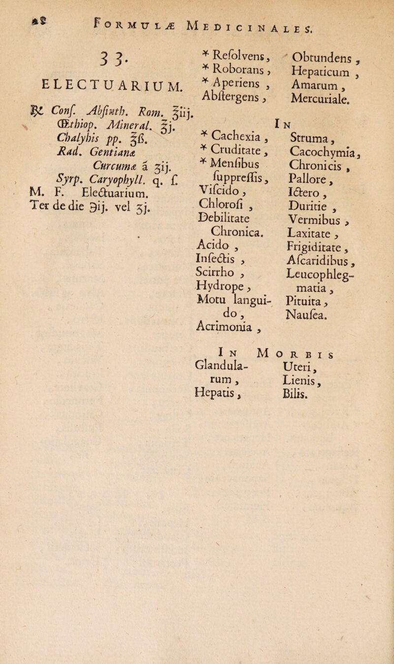 A.LH, 3 3• * Refolvens 3 Obtundens * Roborans, Hepaticum ELECTUARIUM. * Aperiens , Amarum, Abdergens 3 Mercuriale. C##/ Abfinth. Rom. Jiij, * j I N C&thiop. Mineral. 5j. Chalybis pp. * Cachexia , Struma, Rad. Gentiana * Cruditate, Cacochymia Curcuma a ^ij. * Mendbus Chronicis , tyrp. Caryophyll. q. £ fuppreflis. Pallore, M. F. Eledhiarium. Vifcido ? Itdero, Ter de die 9ij. vei jj. Chlorod , Duritie , Debilitate Vermibus , o Chronica. Laxitate 3 Acido , Frigiditate 5 Infedtis ? Afcaridibus, Scirrho 3 Leucophleg¬ Hydrope 3 matia , Motu langui¬ Pituita 3 do , Acrimonia , Naulea. In M ORBIS Glandula¬ Uteri, rum ^ Lienis, Hepatis * Bilis.