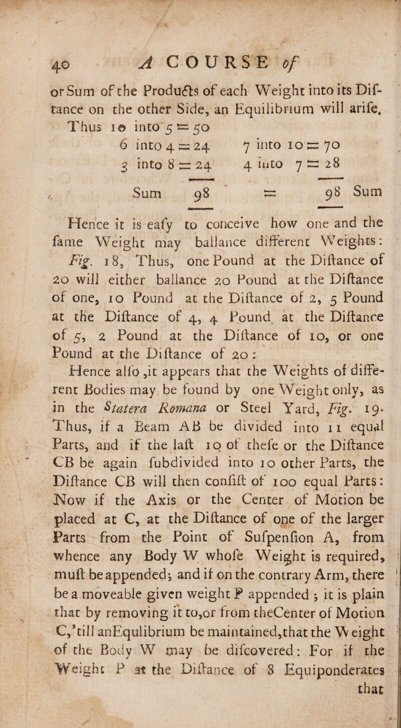 or Sum of the Products of each Weight into its Dif- tance on the other Side, an Equilibrium will arife. Thus i© into 5 ^ 50 6 into 4 = 24 7 into 10^70 3 into 8 — 24 4 into 7 28 Sum 98 98 Sum Hence it is eafy to conceive how one and the fame Weight may bailance different Weights: Fig. 18, Thus, one Pound at the Diflance of 20 will either bailance 20 Pound at the Diflance of one, 10 Pound at the Diflance of 2, 5 Pound at the Diflance of 4, 4 Found at the Diflance of 5, 2 Pound at the Diflance of 10, or one Pound at the Diflance of 20: PJence alio ,it appears that the Weights of diffe¬ rent Bodies may be found by one Weight only, as in the Stater a Romana or Steel Yard, Fig. 19* Thus, if a Beam AB be divided into 11 equal Parts, and if the lafl 10 of thefe or the Diflance CB be again fubdivided into 10 other Parts, the Diflance CB will then confifl of 100 equal Parts: Kow if the Axis or the Center of Motion be placed at C, at the Diflance of one of the larger Parts from the Point of Sufpenfion A, from whence any Body W whofe Weight is required, mull be appended* and if on the contrary Arm, there j be a moveable given weight P appended ^ it is plain that by removing it to,or from theCenter of Motion C/till anEqulibrium be maintained,that the W eight of the Body W may be difcovered: For if the Weight P at the Diflance of 8 Equiponderates that
