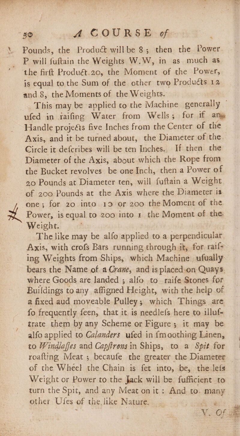 Pounds, the Produ61 will be 8 ; then the Power P will fuftain the Weights W.W, in as much as the firft Product 20, the Moment of the Power, is equal to the Sum of the other two Products i% and 8, theMomentsof theWeights. This may be applied to the Machine generally ufed in failing Water from Wells *, for if at , Handle projects five Inches from the Center of the Axis, and it be turned about, the Diameter of the Circle it defcribes will be ten Inches. If then the Diameter of the Axis, about which the Rope from the Bucket revolves be one Inch, then a Power of 20 Pounds at Diameter ten, will fuftain a Weight of 200 Pounds at the Axis where the Diameter \% one •, for 20 into id or 200 the Moment of the Power, is equal to 200 into 1 the Moment of the. Weight. The like may be alfo applied to a perpendicular Axis, with crofs Bars running through it, for raif- ing Weights from Ships, which Machine ufually bears the Name of a Crane9 and is placed on Quays ■Where Goods are landed ; alfo to raife Stones for Buildings to any aftigned Height, with the help of a fixed aud moveable Pulley; which Things are fo frequently feen, that it is needlefs here to illuf- £rate them by any Scheme or Figure •, it may be alfo applied to Calanders ufed in fmoothing Linen., to Winilafjes and Capftrons in Ships, to a Spit for roaft/ng Meat ; becaufe the greater the Diameter of the Wheel the Chain is fet into, be, the Ids Weight or Power to the Jack will be fuiHcient to turn the Spit, and any Meat on it : And to many other Ufes of the,like Nature, V. Of