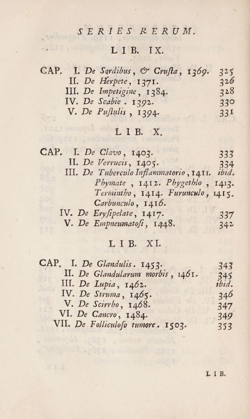 \ SERIES RER U M. LIB. IX. CAP. L De Sordibus y & Crujla, 1369* 325 II. De Herpete, 1371. 32d? III. De Impetigine ? 1384. 32,8 IV. De Scabie . 1372. 330 V. De Pujlulis , 1374* 331 L I B. X. CAP« L De Clavo, 1403. 333 II. De Verrucis y 1405. 334 III. De Tuberculo Inflammatorio ,1411. tbid* Phymate , 1412. Phygethlo y 1413. Termintho, 1414. Furunculo s 1415.. Carbunculo, 141 <5. IV. De Eryjipelate, 1417. 337 V. De Empneumatofi, 1448. 342 L I B. XL CAP, L De Glandulis. 1453« 343 II De Glandularum morbis , 14^1* 345 III. De Lupia, 14^2. IV. De Struma , 14^5. 346 V. De Scirrho ? 1468. 347 VI. De Cancro, 1484. 3457 VII. De Folliculoso tumore* 1503«^ 353