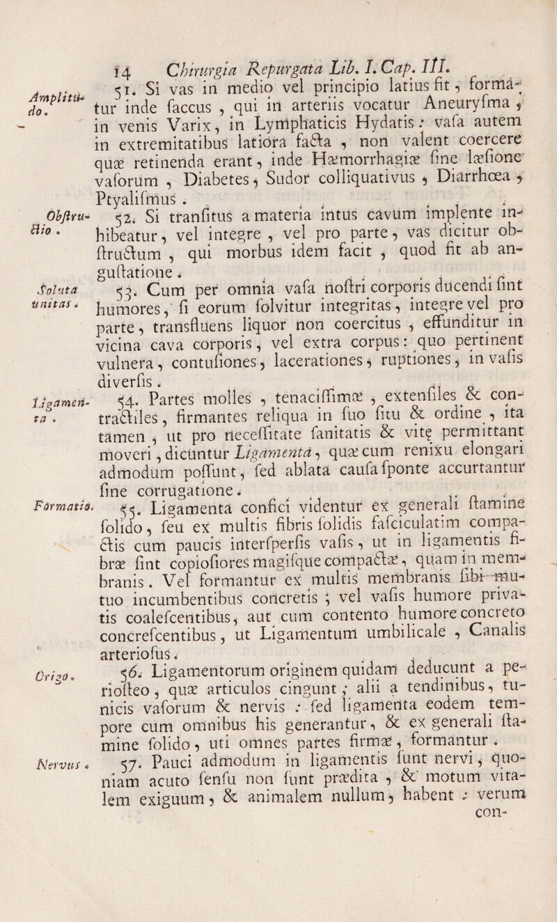 4 .. . 51. Si vas in medio vel principio latius fit, forma- Ampum- tur -nde faccus ^ qui ‘m arteriis vocatUr Aneuryfma , in venis Varix, in Lymphaticis Hydatis: vafa autem in extremitatibus latiora fadfa , non valent coercere quae retinenda erant, inde Haemorrhagia fme laefione vaforum , Diabetes, Sudor colliquativus , Diarrhcea , Ptyalifmus . , . Obftru- 52. Si tranfitus a materia intus cavum implente m- H!0 • hibeatur, vel integre , vel pro parte, vas dicitur ob- flrudfum , qui morbus idem facit , quod fit ab an- guftatione. , . , . 1 .r Soluta 53. Cum per omnia vafa noltn corporis ducendi iint unit m i humores, fi eorum folvitur integritas, integre vel pro parte, transfluens liquor non coercitus , effunditur in vicina cava corporis, vel extra corpus: quo pertinent vulnera, contufiones, lacerationes, ruptiones, in vafis diverfs. * thameri- 34. Partes molles , tenaciflim® , extenhles & con- ta. tradfiles, firmantes reliqua in fuo litu & ordine , ita tamen , ut pro riecefiitate fanitatis & vity permittant moveri, dicuntur Ligamenta, qua! cum renixu elongaii admodum poffunt, fed ablata caufafponte accurtantur fine corrugatione w . , 4- Farmatis* <-<- Ligamenta confici videntur ex generali {tamine folido, feu ex multis fibris (olidis fafciculatim compa- cfis cum paucis interfperfis vafis, ut m ligamentis fi¬ brae fint copiofioreS magifqtie compadlas, quam in mem¬ branis . Vel formantur ex multis membranis fihr -mau- tuo incumbentibus concretis ^ vel vafis humore piiva- tis coalefcentibus, aut cum contento humore concieto concrefcentibus, ut Ligamentum umbilicale , Canalis arteriofus. Qrjrj0t 56* Ligamentorum originem quidam deducunt a pe- riolleo, quae articulos cingunt; alii a tendinibus, tu¬ nicis vaforum & nervis : fed ligamenta eodem tem¬ pore cum omnibus his generantur, & ex generali fla¬ mine folido, uti omnes partes firmae:, formantur . Nervus* 57. Pauci admodum in ligamentis funt nervi, quo¬ niam acuto fenfu non funt praedita , & motum vita¬ lem exiguum, & animalem nullum, habent verum coi>