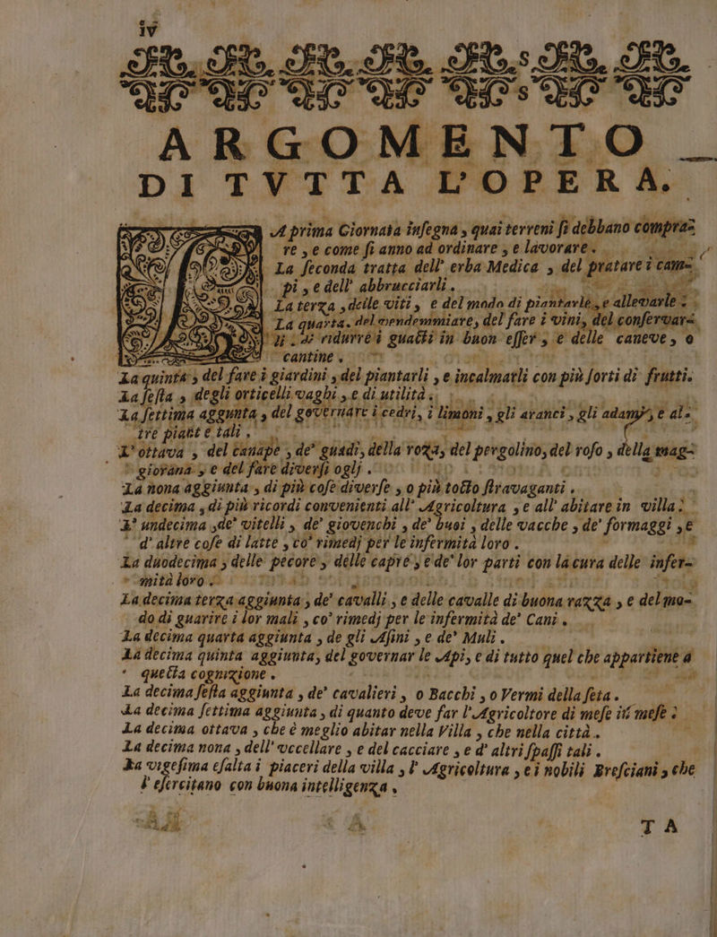 A prima Giornata infegna s qua terreni fac debbano co; dI) “resecome fianno ad ordinare ; € lavorare. . (ina j di di ridire gualti i in pa &lt;l effer:s. e de Ile caneve &gt; 0 GIS 4e ‘cantine , i la pat del fare i pitrdigi sidel Pionsatli ,e inealmerli con ; più Jorti dî frutti. Lafefta a degli c orticelli vaghi Le di utilità: ©» si i 1a Settima ‘agguata 9 del governare i i cedri i 2 dae, gli aranci. o gli: ai 170 5, al: n, «tre piatt. Gtdhi 50°. d' ottava È del banape de' quad, della rodi, del pergolino del di i | ® giofana , e del fare diverlì oglj . L6ITa f Là nona aggiunta, di più cofe diverfe 90 più totto Arcioni ; Za decima , di più ricordi convenienti all’ «Agricoltura se all abitare în villa: da + pi «de vitelli 3 de giovenchi s de’ buoi s delle vacche , de’ formaggi PA ‘d’ altre cofe di latte co ° rimedi per le infermità loro . La duodecima ; delle Erp sg &gt; delle dog VE de' lor parti con lac cura delle sifeto &gt; pià long i omni tolg La decima terza aggiunta; ; de' sibili, se delle sai di buona razza , € delmo=. “do di guarire i lor mali , co rimedj per le infermità de” Cani, i La decima quarta aggiunta , de gli Afini , e de* Muli . a Da decima quinta aggiunta, del cane rd le 5 dl se di tutto quel che «pppltea Ul q mag La decima feRa aggiunta , de’ cavalieri 30 Heechi, 0 Vermi della feta . | La decima fettima aggiunta, di quanto deve far l'Agricoltore dî mele i: mefe 3. La decima ottava , che è meglio abitar nella Villa , che nella città. La decima nona , dell'vecellare , e del cacciare se d' altri fi palfi tali . Ra vigefima cfalta i piaceri della villa È Agricoltura sei 5 nobili sie che Ùù efereitano con buona intelligenza , da TA DI di np ; E 7A vi La Seconda tratta dell’ erba Medica s del pre arareî CARI, SI. pi ,edell' abbrucciarli, eee” dra da terza s deile vite, e del mado di piabilarli b., calle a (24 3