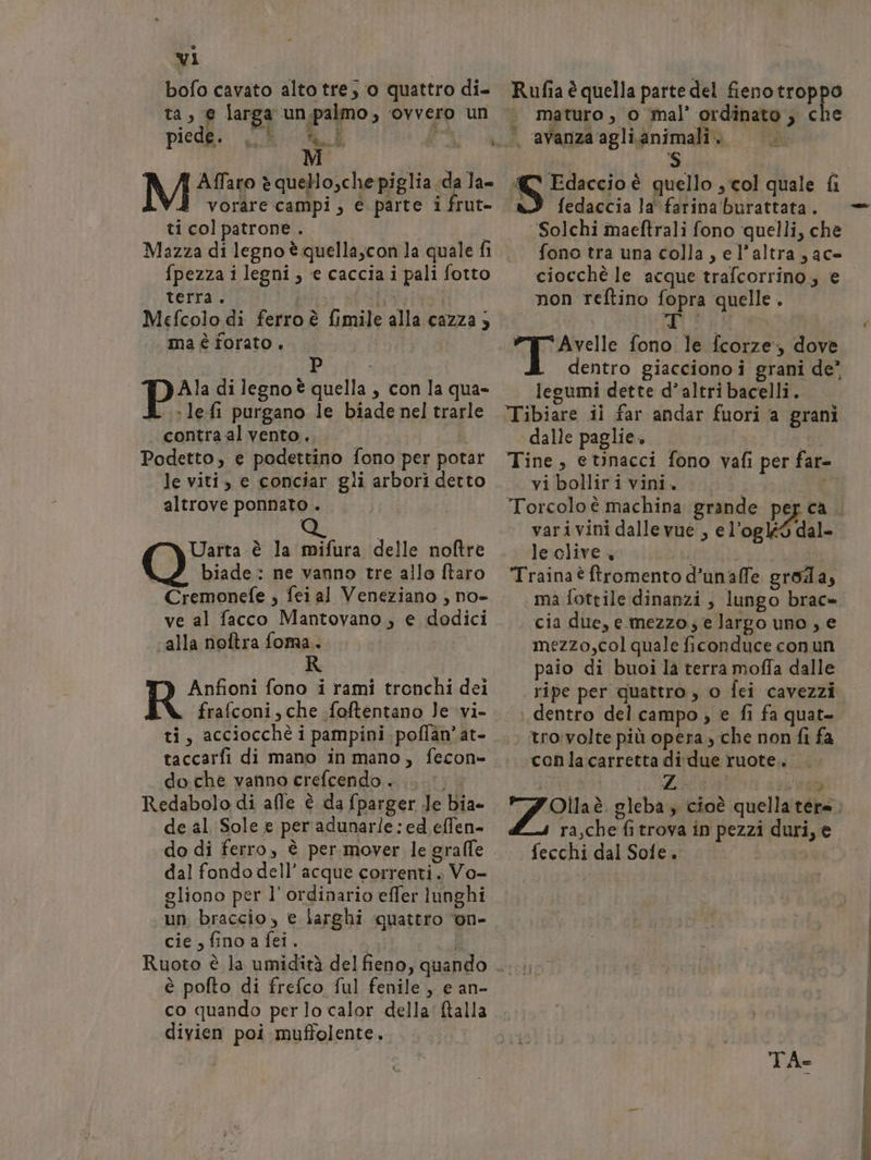 bofo cavato alto tre; o quattro di- ta, e larga un.palmo, ‘ovvero un Rufia è quella parte del fienotroppo maturo , 0 mal’ ordinato ; che M Affaro è queHo,che piglia da la- vorare campi, e parte i frut- ti col patrone . Mazza di legno è quellaycon la quale fi fpezza i legni, e caccia i pali fotto terra. | ali Mefcolo di ferro è fimile alla cazza ; ma é forato . P i -lefi purgano le biadenel trarle contra alvento.. 0° | Podetto, e podettino fono per potar le viti, e conciar gli arbori detto altrove ponnato . Uatta è la mifura delle noftre | biade: ne vanno tre allo ftaro Cremonefe ; fei al Veneziano , no- ve al facco Mantovano, e dodici «alla noftra foma.. R Anfioni fono i rami tronchi dei frafconi,che foftentano Je vi- ti, acciocchè i pampini poflan'at- taccarfi di mano in mano, fecon» doche vanno crefcendo.. .. Redabolo di afle è da fparger Je bia- de al Sole e per adunarle: ed effen- do di ferro, è per. mover le graffe dal fondo dell’ acque correnti. Vo- gliono per l’ ordinario effer lunghi un braccio , è larghi quattro on- cie , fino a fei. 5 Edaccio è quello col quale fi n? fedaccia la farina burattata . ‘’Solchi maeftrali fono quelli, che fono tra una colla, e l’altra, ace ciocchè le acque trafcorrino, € non reftino fopra quelle. n: Avelle fono le fcorze; dove dentro giacciono i grani de” legumi dette d'altri bacelli. Tibiare il far andar fuori a grani dalle paglie. | - Tine, etinacci fono vafi per far- vi bolliri vini. | Torcoloè machina grande per ca. varivini dalle vue , e l’oglé6 dal- le clive Leti | ‘Traina è ftromento d’unaffe groda, ma fottile dinanzi, lungo brac= cia due, e mezzo; e largo uno, e mezzo,col quale ficonduce conun paio di buoi la terra moffa dalle ripe per quattro, o fei cavezzi i. dentro del campo , e fi fa quat- tro: volte più opera , che non fi fa conlacarretta didue ruote... Ollaè gleba, cioè quella tere. ra,che fitrova in pezzi duri, e fecchi dal Sole. è pofto di frefco ful fenile , e an- co quando per lo calor della falla divien poi muftolente. TA-