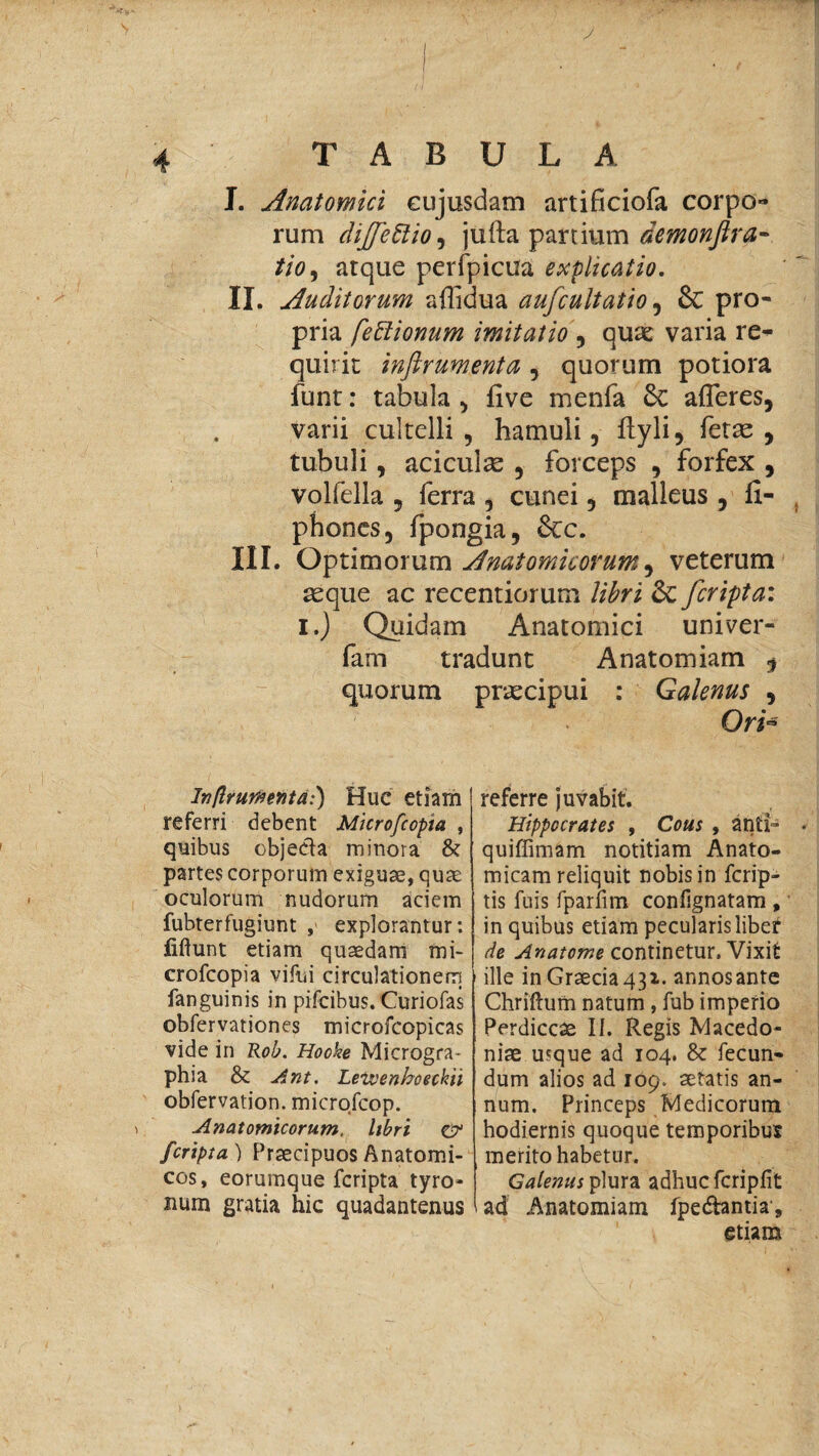 I. Anatomici eujusdam artificiofa corpo¬ rum dijfettio, jufta partium demonflra- //0, atque perfpicua explicatio. II. Auditorum affidua aufcultatio 5 & pro¬ pria fettionum imitatio 5 quae varia re¬ quirit inftrumenta , quorum potiora funt: tabula > fi ve menfa 6c afferes, varii cultelli , hamuli, flyli, fetae , tubuli, aciculse , forceps , forfex , volfella , ferra , cunei , malleus , fi- phones, fpongia, &c. III. Optimorum Anatomicorum, veterum seque ac recentiorum &; fcripta: i.j Quidam Anatomici univer- fam tradunt Anatomiam 3 quorum praecipui : Galenus , Ori- Inflruwenta:) Huc etiam referri debent Mkrofcopia , quibus objeela minora & partes corporum exiguae, quae oculorum nudorum aciem fubterfugiunt , explorantur: fiftunt etiam quaedam mi- crofcopia vifui circulationem fanguinis in pifcibus. Curiofas obfervationes microfcopicas vide in Rob. Hooke Microgra- phia & Ant. Lewenhoeckii obfervation. microfcop. 1 Anatomicorum, libri cr fcripta) Prsecipuos Anatomi¬ cos, eorumque fcripta tyro- num gratia hic quadantenus referre juvabit. Hippocrates , Cous , anti» quiffimam notitiam Anato¬ micam reliquit nobis in fcrip- tis fuis fparfim conflgnatam , in quibus etiam pecularis liber de Anatome continetur. Vixit ' ille in Graecia 431. annos ante Chriftufn natum, fub imperio Perdiccae II. Regis Macedo¬ niae usque ad 104. & fecun¬ dum alios ad 109. artatis an¬ num. Princeps Medicorum hodiernis quoque temporibus merito habetur. Galenus plura adhuc fcripfit ad Anatomiam fpe&antia, etiam