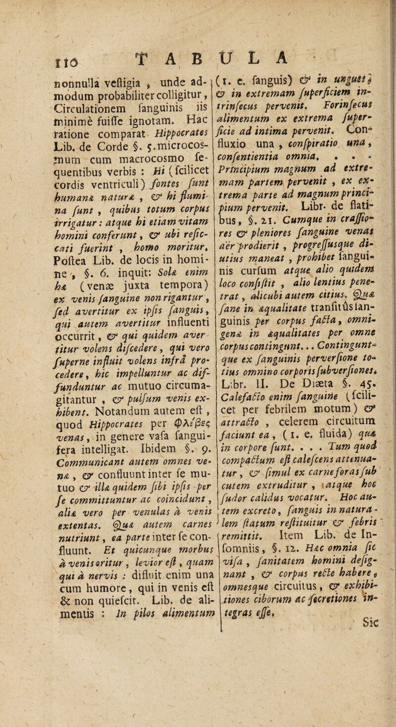 \ / V 11 o T A B nonnulla veftigia , unde ad¬ modum probabiliter colligitur, Circulationem ianguinis iis minime fuilTe ignotam. Hac ratione comparat Hippocrates Lib. de Corde §. $.microcos- ^ium cum macrocosmo fe- quentibus verbis : Hi (fcilicet cordis ventriculi) fontes funt humana natura , er hi flumi¬ na funt , quibus totum corpus irrigatur: atque hi etiam vitam homini conferunt, er ubi refic- cati fuerint , homo moritur♦ Poftea Lib. de locis in homi¬ ne , §. 6. inquit: Sola enim ha (venae juxta tempora) ex venis /anguine non rigantur , fed avertitur ex ipfis Janguis, qui autem avertitur influenti occurrit, er qui quidem aver titur volens difcedere , qui vero fuperne influit volens infra pro- cedere, hic impelluntur ac dif¬ funduntur ac mutuo circuma- gitantur , er’ puijum venis ex¬ hibent. Notandum autem eft , quod Hippocrates per Qh/fies venas, in genere vafa fangui- fera intelligat. Ibidem §. 9. Communicant autem omnes ve■ na , er confluunt inter fe mu¬ tuo er illa quidem fibi ipfis per fe committuntur ac coincidunt, alia vero per venulas a venis extentas. Qua autem carnes nutriunt, ea parte inter fe con¬ fluunt. Et quicunque morbus a venis oritur, levior eft, quam qui a nervis : diflnit enim una cum humore, qui in venis eft & non quiefcit. Lib. de ali¬ mentis : ln pilos alimentum U L A • (1. c. fanguis) & in unguit} <0 in extremam fuperficiem in- trinfecus pervenit. Forinfecus alimentum ex extrema fuper- ficie ad intima pervenit. Con~ fluxio una , confpiratio una, confenftenfta omnia. • Principium magnum ad extre¬ mam partem pervenit , ex ex¬ trema parte ad magnum princi¬ pium pervenit. Libr* de flati¬ bus, §. 21. Cumque in craffio- res er pleniores fanguine venas aer prodierit , progrejfusque di¬ utius maneat , prohibet iangui¬ nis curfum atque alio quidem loco confifht , alio lentius pene¬ trat > alicubi autem citius. fane in aqualitate tranfttflslan- guinis per corpus fafla, omni¬ gena in aqualitates per omne corpus contingunt... Contingunt- que ex fanguinis perverflone to¬ tius omnino corporis fubverfioneSi Libr. II. De Diaeta §. 45* CalefatTto enim fanguine (fcili¬ cet per febrilem motum) er attratto , celerem circuitum faciunt ea , (1. e. fluida) qua in corpore funt. . » * Tum quod compattum eft calefcens attenua¬ tur , er fimul ex carne foras fub cutem extruditur , atque hoc fudor calidus vocatur. Hoc au¬ tem excreto, fanguis in natura • lem (latum reftituitur er febris remittit. Item Lib. de In- fomniis, §= 12. Hac omnia ftc vifa , fanitatem homini defig- nant , er corpus refte habere 9 omnesque circuitus, er exhibi¬ tiones ciborum ac fecretiones in- tegras ejfe,