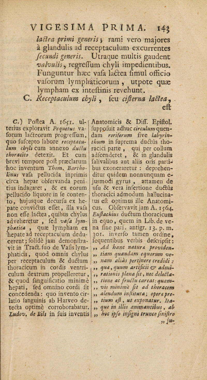 laftea primi generis \ rami vero majores a glandulis ad receptaculum excurrentes fecundi generis. Utraque multis gaudent valvulis, regreffum chyli impedientibus. Funguntur haec vafa laftea fimul officio vaforum lymphaticorum , utpote quas lympham ex inteftinis revehunt. C. Receptaculum chyli, feu cifterna lailsa^ eft C.) Poftea A. i6$r. ul- teiius exploravit Pequetus va- forum ladeorum progrefium, quo fufcepto labore receptacu¬ lum chyli cum annexo duCtu thoracico detexit. Et cum brevi tempore poft praeclarum hoc inventum Thom. Bartho¬ linus vafa pellucida inprimis circa hepar obfervanda peni¬ tius indagaret , & ex eorum pellucido liquore in fe conten¬ to, hujusque decurfu ex he¬ pate convidus eflet, illa vafa non efle ladea, quibus chylus adveheretur , fed vafa lym¬ phatica , quae lympham ex hepate ad receptaculum dedu¬ cerent ; folide jam demonftra- vit in Trad. fuo de Vafis lym¬ phaticis, quod omnis chylus per receptaculum & dudum thoracicum in cordis ventri¬ culum dextrum propelleretur, & quod fanguificatio minime hepati, fed omnino cordi fit concedenda: quo invento cir- latio fanguinis ab Harveo de- teda optime corroborabatur. ludov, de JBils in fuis inventis Anatomicis & DiflT. Epiftol. fuppofuit adhuc circulum quen- dam roriferum fve labyrin¬ thum in fuprema dudus tho¬ racici parte , qui per collum adfcenderet , & in glandulis falivalibus aut aliis oris parti¬ bus exoneraretur : deprehen¬ ditur quidem nonnunquam e- jusmodi gyrus , attamen de ufu & vera infertione dudus thoracici admodum hallucina- tus eft optimus ille Anatomi¬ cus. Obfervavit jam A. 1564. Eufiachius dudum thoracicum in equo, quem in Lib. de ve¬ na fine pari, antigr. 13. p. m. 301. inverfo tamen ordine, fequentibus verbis defcripfit: ,, Ad hanc natura provide»-- ,, tiam quandam equorum ve- „ nam alias pertinere credidi - ,, qua y quum artificii c? admi- ,, rationis plena jit, nec delefia- ,, tione ac fructu careat: quam- ,, vis minime fit ad thoracem „ alendum in [iit ut a; opera pre- ,, itum e fi y ut exponatur. Ita- ,, que in illis animantibus, ab „ hoc ipfo ‘wfigni trunco fmifiro j» /«“