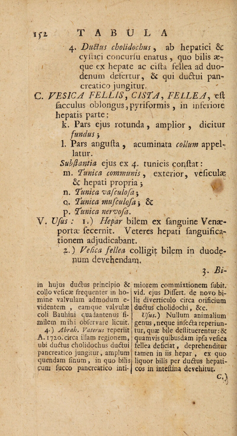 A ifz T A B U L 4. Duftus cholidochus, ab hepatici Bc cyIlici concuriu enatus , quo bilis ae¬ que ex hepate ac cifta fellea ad duo¬ denum defertur, Bc qui duftui pan¬ creatico jungitur. C. VESICA FELLIS, CISTA, FELLEA, eft facculus oblongus,pyriformis, in inferiore hepatis parte; k. Pars ejus rotunda , amplior , dicitur fundus > l. Pars angufta , acuminata collum appel¬ latur. Sub flantia ejus ex 4. tunicis confiat : m. Tunica communis, exterior, vcficulae 6c hepati propria 5 n. Tunica 'vafculofa \ q» Tunica mufculofa $ & p. Tunica nervofa. V. IJfus : 1.) Hepar bilem ex fanguine Venae- portat* fccernit. Veteres hepati fanguihca- tionem adjudicabant. 2.) Ve fica fellea colligit bilem in duode¬ num devehendam. ?. Bi- in hujus dudtus principio & collo vefiese frequenter in ho¬ mine valvulam admodum e- videntem , eamque valvulae coli Bauhini quadantenus li- milem mihi obfervare licuit. 4«) Abrah. Vaterus reperiit A. 1720.circa illam regionem, ubi dudus cholidochus dudlui pancreatico jungitur, amplum quendam finum , in quo bilis cum fiicco pancreatico inti* miorem commixtionem fubir. vid. ejus Differt, de novo bi¬ lis diverticulo circa orificium dudlus cholidochi, &c. Ufrs.) Nullum animalium genus, neque infecffa reperiun- tur, quae bile dellituerentur:&: quamvis quibusdam ipfavefica fellea deficiat, deprehenditur tamen in iis hepar , ex quo liquor bilis per du&us hepati¬ cos in intefiina devehitur. C.)