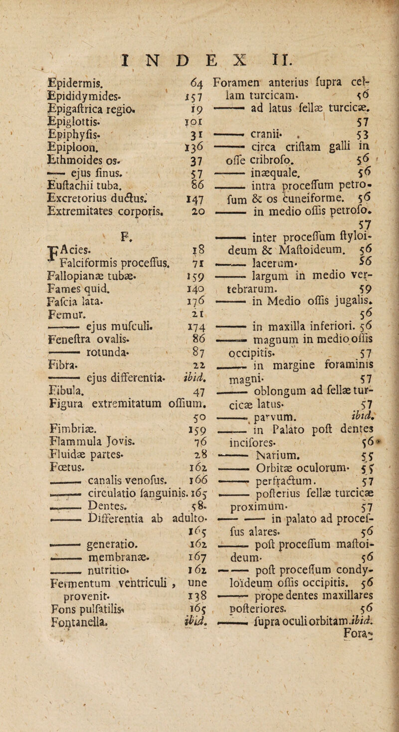 Epidermis. Epididymides- Epigaftrica regio. Epiglottis. Epiphyfis- Epipioon. Ethmoides os. —— ejus finus. Euftachii tuba. Excretorius du&us.' Extremitates corporis. F. ■CAcies. - Falciformis proceffus. Faliopianae tubae* Fames quid. Fafcia lata. Femur. —— ejus mufculi. Feneftra ovalis. *- rotunda* Fibra* Fibula. 6 4 i57 19 ipi 3i 136 37 57 86 147 20 71 »59 140 17 6 21 174 86 87 22 ibid. 47 Figura extremitatum offium. 50 159 76 28 162 ejus differentia* Fimbriae. Flammula Jovis. Fluidae partes* Foetus. -- canalis venofus. 166 circulatio fanguinis. 16y ———. Dentes. — - Differentia ab •-- generatio. - - membranae. „_ nutritio. Fermentum ventriculi provenit. Fons pulfatilis^ Fontanella. Foramen anterius fupra cel¬ lam turcicam. 56 —— ad latus fellae turcicae. 57 -- cranii* . 53 — circa criflam galli in offe cribrofo. 56 — inaequale. 56 - intra proceffium petro- fum & os cuneiforme. 56 ■ in medio offis petrofo* 57 inter proceffium ftyloi- 58. adulto- 165 162 167 162 , une 138 165 deum & Maftoideum. 56 - lacerum* $6 —- largum in medio ver¬ tebrarum. 59 —- in Medio offis jugalis* 56 - in maxilla inferiori. 56 — magnum in medio offis occipitis. 57 in margine foraminis magni* 57 — oblongum ad fellae tur¬ cicae latus. > 57 -* pavvum. ibid» -—'in Palato poft dentes incifores. 56* - Narium. 55 - Orbitae oculorum. 5 7 - perfracftum. 57 - poflcrius fellae turcicae proximum- 57 — ■—• in palato ad procef- fus alares. 56 —- poft proceffium maftoi- deum* 56 poft proceftum condy- loideum offis occipitis. 56 - prope dentes maxillares pofteriores. 56 fupra oculi orbitam.ibid. Fora-*