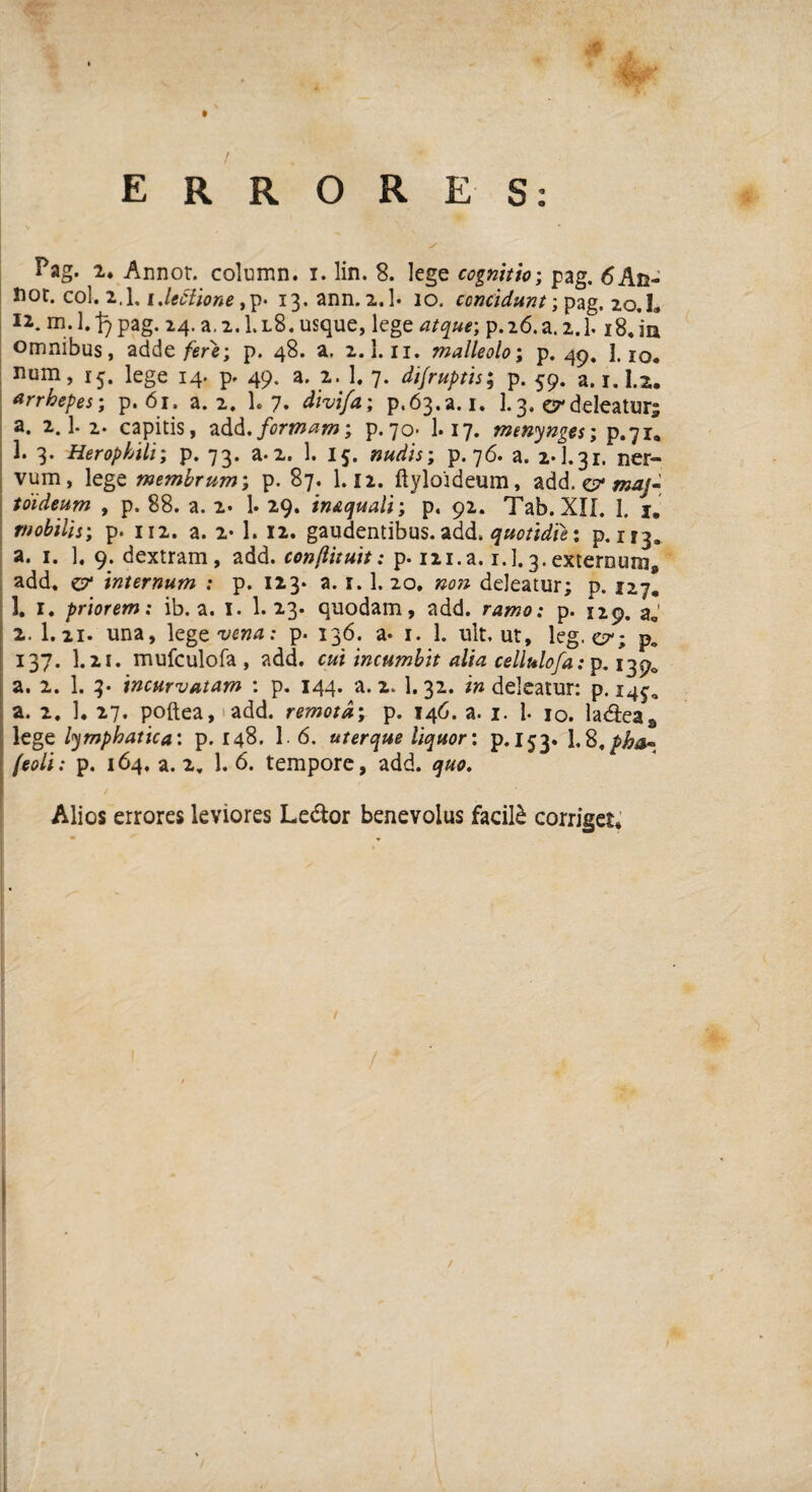 Pag. 2* Annor, column. i. lin. 8. lege cognitio; pag. 6An¬ nor. coi. 2.1. i.leclione ,p- 13.anm2.l- io. concidunt; pag. 20.1, 11. m.l.^pag. 24. a.2.1.l8.usque, lege atque; p.26.a.2.1. i8.iu omnibus, adde fere; p. 48. a. 2.1.11. malleolo; p. 49. 1.10. num, 15. lege 14. p. 49. a. 2. 1. 7. difruptis; p. 59. a. 1.1.2. arrhepes; p. 61. a. 2. 1. 7. divi/a; p.63.8.1. 1.3. er deleatur; a. 2.1- 2. capitis, add. formam; p-7o* 1.17. menynges; p.71, 1. 3. Herophili; p. 73. a-2. 1. 15. nudis; p. 76. a. 2-1.31. ner¬ vum, lege membrum; p. 87. 1.12. ftyloideum, add. e? maj- toideum , p. 88. a. 2. 1. 29. in&quali; p. 92. Tab. XII. 1. 1. mobilis; p. 112. a. 2- 1. 12. gaudentibus, add. quotidie: p. 113» a. 1. 1. 9. dextram, add. conjlituit: p. 121.a. i.l.3.externum, add. er internum : p. 123- a. 1.1. 20. non deleatur; p. 127. 1. 1. priorem: ib. a. i. 1. 23. quodam, add. ramo: p. 129. a„' 2. I.21. una, lege-vfiwtf: p- 136. a- 1. 1. ult. ur, leg. er; p„ 137. I.21. mufculofa , add. cui incumbit alia cellulofa: p. 13^ a. 2. 1. 3- incurvatam : p. 144. a. 2. 1.32. in deleatur: p. 143,, a. 2. 1. 27. poftea, ‘add. remota; p. 146. a. 1. 1- 10. la<ftea3 lege lymphatica: p. 148. 1- 6. uterque liquor: p. 153. 1.8«ph&- feoli: p. 164, a. 2. 1. 6. tempore, add. quo. Alios errores leviores Le&or benevolus facili corriget.