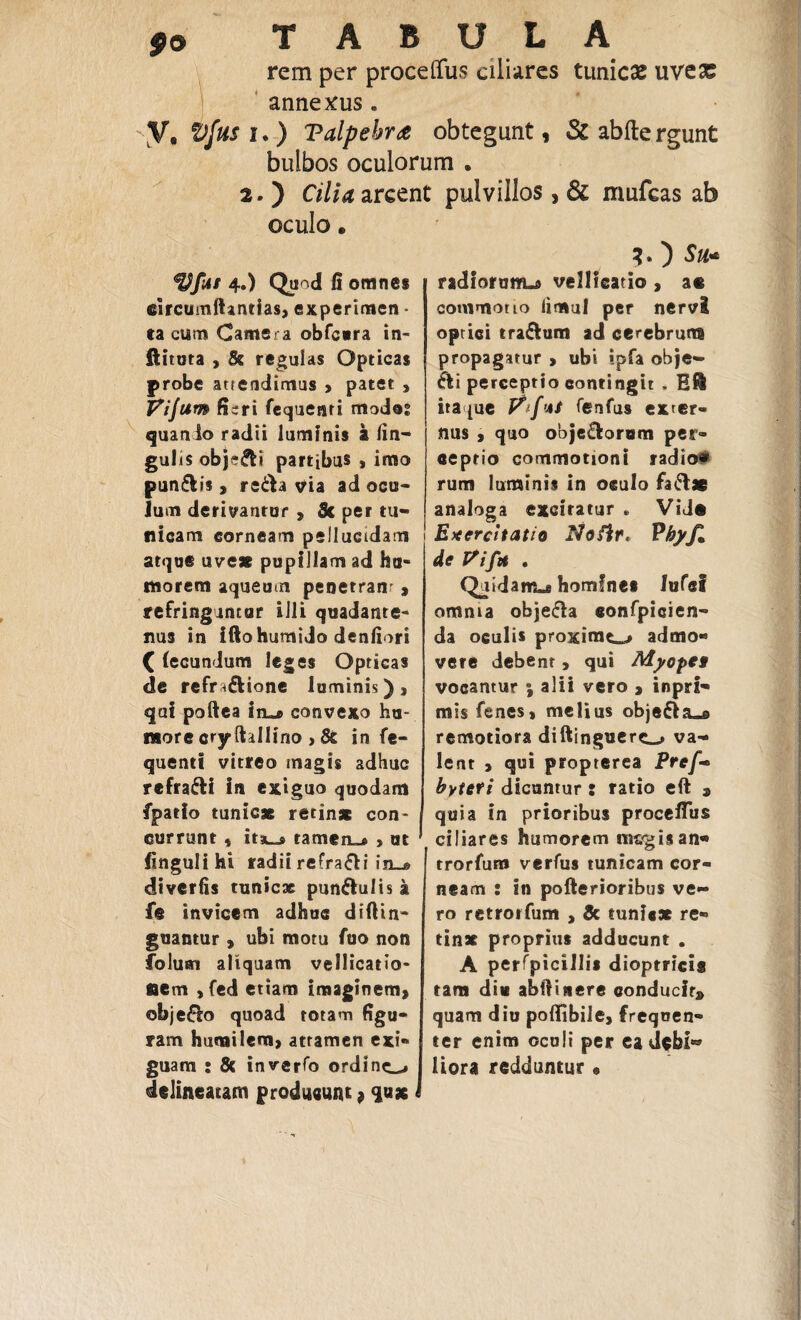 rem per procelfus ciliares tunicse uvex annexus. V. Vfus i.) Talpebr# obtegunt, & abftergunt bulbos oculorum . 2. ) Cilia arcent pulvillos, & mufeas ab oculo • Vfat 4.) Quod fi omnes circumflandas, experimen * ta eum Camera obfora in- ftituta , & regulas Opticas probe attendimus , patet , Vijum fieri fequenri modo? quan to radii luminis a lin¬ gulis objeci partibus , imo pun£bs , re<^a via ad ocu¬ lum derivantur , & per tu¬ nicam corneam pellucidam atque uvex pupillam ad hu¬ morem aqueum penetrant, refringantur illi quadante- nus in ifto humido denliori ( fecundum leges Opticas de refrH&ione luminis), qui poftea in«r convexo hu- nsorc cry (tallino , & in fe- quenti vitreo magis adhuc refra&i in exiguo quodam fpatio tunicae redux con- currunt, it^ tamen.* , ut fingulihi radii refrafli in_» diverfis tunicae pun&ulis a fe invicem adhuc diftin- guantur , ubi motu fuo non folusn aliquam vellicatio¬ nem , fed etiam imaginem, ©bje£lo quoad totam figu¬ ram humilem, attamen exi¬ guam : & inverfo ordine^ delineatam producunt ? <jux ) $H' radiorum^ vellicatio , ac commotio fimul per nervi optici tra&um ad cerebrum propagatur , ubi ipfa obje- <fli perceptio contingit , Eil itaque fenfus exter¬ nus , quo obje£torum per¬ ceptio commotioni radio*» rum luminis in oculo faftac analoga excitatur . Vida Exercitatio Nofir. Pkyjl de Pifrt . Quidam^ homine» 1 ufei omnia objefla «onfpicien- da oculis proxime^ admo¬ vere debent, qui Myopes vocantur ; alii vero , inpri- mis fenes, melius objefta»® remotiora diftinguere^ va¬ lent > qui propterea Pref* byteti dicuntur : ratio eft » quia in prioribus proceifus ciliares humorem m&gisan* [ trorfum verfus tunicam cor¬ neam : in poflerioribus ve¬ ro retrorfum , & tunicx re- tinx proprius adducunt . A perfpicillis dioptricig tara di* abii i nere conducit» quam diu poflibile, frequen¬ ter enim oculi per ea debi® liora redduntur « 1