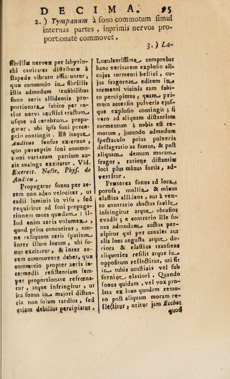 2. ) Tympanum «i Tono cotnmotutn fimul internas partes , inpriiTiis nervos pro-? portionat^ commovet • 1 3,)U- fibrill* nerve# per labyrin¬ thi cavitates diftributx & fiapede vibrato afficiuntur , qux commotio in—» fiorillis iilis admodum (enfibilibus fono aeris allidentis pro- portionata-» dubito per to¬ tius nervi acuilict traflum-# ufque ad cerebrum-» propa¬ gatur , ubi ipfa Ioni perce¬ ptio contingit . Blf itaque.-» juditui fenfus externus , quo perceptio Ioni comtno- * oni variarum partium au- tis analoga excitatur . Vid. Exercit. Noflr* ?&//• puditu • propagatur fonus per ae* sem non adeo velociter , ut tadii luminis in vifu > fcd requiritur ad foni propaga¬ tionem rnora qu#dam_* : il¬ lud enim aeris volumci®-» > quod prius concutitur , om¬ ne reliquum aeris fpatium-» inter illum locum , ubi fo- nus excitatur > inter au- aem commovere debet, qux comraotio propter atris ift' termedii rcfiftentiam fem- per proportionate refroena* tur , atque infringitur , ut ita fonus in-* majori difian- jia non folum tardius, fed f tiam debilius ger«ipiat«it • Lueulenriflimt-» comprohar hanc veritatem explofio ali® cujus tormenti bellici, cu¬ jus fragorem-* editum in=# tormenti vicinia tam fubi- to percipimus > quam-» pri=? mum accenfio pulveris ejuf» que explofio contingit ; E vero ad aliquam diftantiana tormentum a nobis cft re¬ motum , jucundo admoduna fpe&aculo prius pulveris deflagratio ac fumus* & poft aliquam_9 demum moram-» fragor » ratione diftantiac loci plns minus fortis * ad¬ vertitur, Praterea fonus ad loca^ porofa > molliv* ^ m*MUS elafHca allidens , aut k ven¬ to contrario abacus facile-» infringitur atque_> obtufioi? evadit ; e contrario ille fo* nus admodum-» ausius per¬ cipitur qui per canales aus alia loea angufta atque—» du^ riora & elaftica tranfieaa aliquoties refilit atque in-* oppofitum refle&itur, uti tu in-» tubis acuftiei* vel fu fornice_> elatiori . Quando fonus quidam , vel vox pro¬ lata ex 1°®° quodam remos» io poft aliquam moram rc- fl«aitur ? o*W i>“ e‘‘^