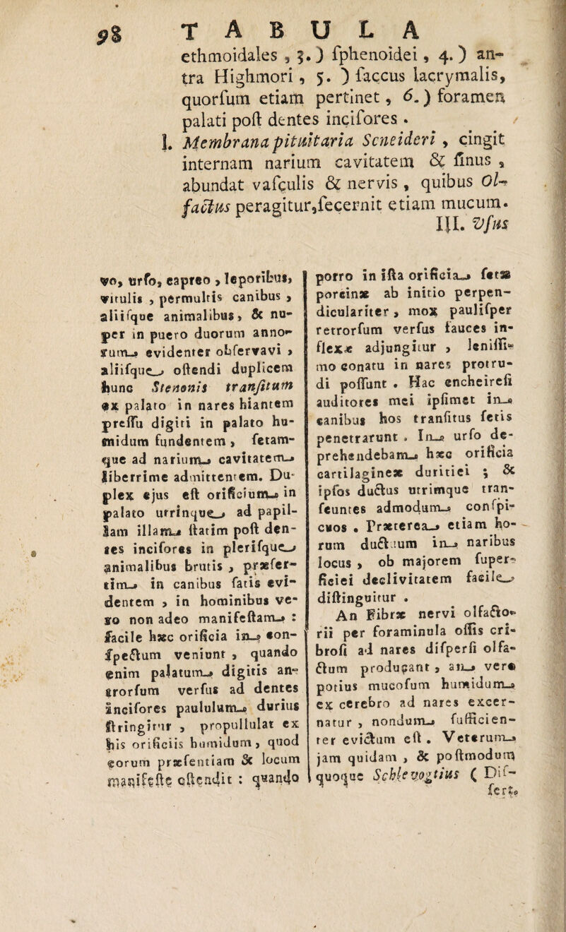 9$ tabula ethmoidales , 5. j fphenoidei, 4.) tra Highmori, 5. ) faccus iacrymalis, quorfum etiam pertinet, 6.) foramen palati poft dentes incifores . L Membrana pituitaria Scneidcri , cingit internam narium cavitatem & finus s abundat vafculis & nervis , quibus OU faclws peragitur9fecernit etiam mucum. III. Vfm vo> tsrfoj caprco , leporibus» vitulis » permultis canibus > aiiifque animalibus» & nu¬ per in puero duorum anno- srutru» evidenter ohfervavi » aliifque_, oftendi duplicem fcunc Stenonis tranfitVLm @x palaro in nares hiantem prelfu digiti in palato hu¬ mi dum fundentem» fetam¬ que ad narium-» cavitatem»» liberrime admittentem. Du* plex ejus eft orificium-» i11 palato urrinqug_^ ad papil¬ lam illam** ttatim poft den¬ tes incifores in plerifque_> animalibus brutis , praefer- iim_» in canibus fatis «vi¬ dentem , in hominibus ve¬ xo non adeo manifeftam-» r facile haec orificia iai—® #on- fpefium veniunt » quando ®nim palatum-» digitis an~ arorfum verfus ad dentes Incifores paululum-» durius Siringirur , propullulat ex Ilis orificiis humidum, quod «orum prsefentiam 3c locum eft eat} it : ^uantfo porro in ifta orificia-» fet» porcinae ab initio perpen- diculariter > mox paulifper retrorfum verfus fauces in¬ flexa adjungitur > lenifti^ mo conatu in nares protru¬ di pofifunt . Hac encheireii auditores mei ipfimet in_» canibus hos tranfitus fetis penetrarunt . In—3 urfo de¬ prehendebam-» haec oriheia cartilagine* duritiei ; & ipfos du&us utrimque tran- feuntes admodum-» confpi» cuos • Praeterea—» etiam ho¬ rum duffnum in_» naribus locus » ob majorem fuper- ficiei declivitatem facile^ diftinguimr . An Eibr* nervi olfa$o«= rii per foraminula offis cri¬ bro fi ad nares difperfi olfa- 6Ium produpant , an-» ver® potius mucofum humidunru» ex cerebro ad nares excer¬ natur » nondum-» fufficien— ter evtefum eft. Veterum-* jam quidam » & poftrnodum quoque Schley.o&tivis ( Dif¬ fert?