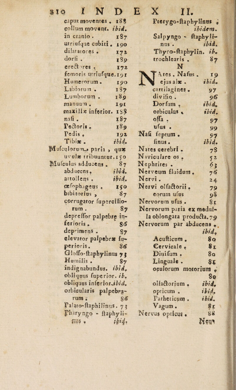 caput moventes * 188 Pterygo-ftaphylmus « collum movent. ibid. ibidem. in cranio . 187 Salpyngo - ftaphyli- mrtufque cubiti * , 190 mts . ibid, dilatatores • j 17* Thyro-fhphylin . ib. dor ii . 189 trochlearis . 87 ereff >res . ZJZ N femoris umufqtji Humerorum . 5*191 190 7yY 4res . Nafus. X ^ e jus a lac. ibid• Labiorum . 187 cartilagines • 97 Lumborum • 189 divilio . 96 manuum . 191 Dorfum , ibid, maxillae inferior, , isS orbiculus « ibid. mfi . 187 offa , 97 Fecforig 189 ufus » 99 Pedis <> 191 Nafi feptum • 97 Tibiae . ibid• iinus » ibid» fd jfcidorum_j paria * quae Nates cerebri . 7$ uvulae tribuuntur.150 Nrviculare os , 5* fVIufcuIus adducens . 87 Nephrites • h abducens. i bid. Nerveum fluidum* attollens „ ibid. Nervi. 24 oefbplugeas . 150 Nervi olfa&orii * 79 bibitorius , 87 eorum ufus 9^ corrugator fupereflio- Nervorum ufus • 81 rutu . 87 depreffor palpebre in¬ ferioris . * $6 depnmens . §7 elevator palpebrae fu- perioris. ScP Gloffodiaphylinus 7} Humilis . 87 indignabundus. ibid, obliquus fuperior. ib, obliquus inferiorJHd. orbicularis palpebra¬ rum 2 gtT Palaro-fiapM lituis. yf J?baryngo - ftaphyli- Illi? ? ik^4i Nervorum paria ex medul¬ la oblongata produ&a. 75? Nervorum par abducens # ibidq .Acufticum * 80 Cervicale ? 8e Diuifum • 80 Linguale . 85 oculorum motorium 9 8© oifa£lorium« ibidi, opticum , ibid. Patheticum . ilid, Vagum . Nervus opticus 8r 88 0