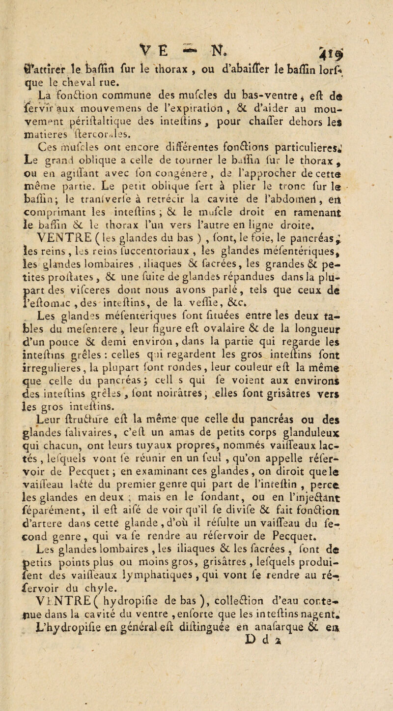 E —* N. Q’attîrer îe badin fur le thorax , ou d’abaifler le badin que le cheval rue. La fonêïion commune des mufcles du bas-ventre * ed de fervir aux mouvemens de l’expiration , & d’aider au mou¬ vement péridaltique des intedins, pour châtier dehors les matières dercordes. Ces mufcles ont encore différentes fondions particulières*1 Le grand oblique a celle de tourner le badin fur le thorax 9 ou en agitïant avec fon congénère , de l’approcher de cett® même partie. Le petit oblique fert à plier le tronc fur 1® badin; le tranlverie à rétrécir la cavité de l’abdomen, ert comprimant les intedins ; &. le mufcle droit en ramenant le badin &c le thorax l’un vers l’autre en ligne droite. VENTRE ( les glandes du bas ) , (ont, le foie, le pancréas* les reins , les reins fuccentoriaux , les glandes méfentériques, les glandes lombaires .iliaques & facrées, les grandes & pe¬ tites prodates , Ôt une fuite de glandes répandues dans la plu¬ part des vifceres dont nous avons parlé, tels que ceux de l’edomac,des inteftins, de la vedie, &c* Les glandes méfenteriques font fituées entre les deux ta¬ bles du mefentere , leur figure ed ovalaire & de la longueur d’un pouce & demi environ, dans la partie qui regarde les intedins grêles : celles qui regardent les gros intedins font irregulieres, la plupart font rondes, leur couleur ed la même que celle du pancréas ; et 11 s qui fe voient aux environs des intedins grêles * font noirâtres, elles font grisâtres vers les gros intedins. Leur druéiure ed la même que celle du pancréas ou des glandes ialivaires, c’ed un amas de petits corps glanduleux qui chacun, ont leurs tuyaux propres, nommés vaideaux lac¬ tés , lesquels vont 1e réunir en un foui , qu’on appelle réfer- voir de Pecquet ; en examinant ces glandes, on diroit que le vaiiïeau laéte du premier genre qui part de l’imedin , perce les glandes en deux ; mais en le fondant, ou en l’injeélànt féparément, il ed aifé de voir qu’il fe divife & fait fonéiion d’artere dans cette glande, d’où il réfulte un vaiffeau du fé¬ cond genre, qui va fe rendre au réfervoir de Pecquet. Les glandes lombaires , les iliaques & les facrées , font de petits points plus ou moins gros, grisâtres , lefquels produi- fent des vaideaux lymphatiques, qui vont fe rendre au ré¬ servoir du chyle. VINTRE( hydropide de bas), colleéVton d’eau conte¬ nue dans la ca vité du ventre ,enlorte que les intedins nagent^ L’hydropide en général ed didinguée en anafarque &. en D d z