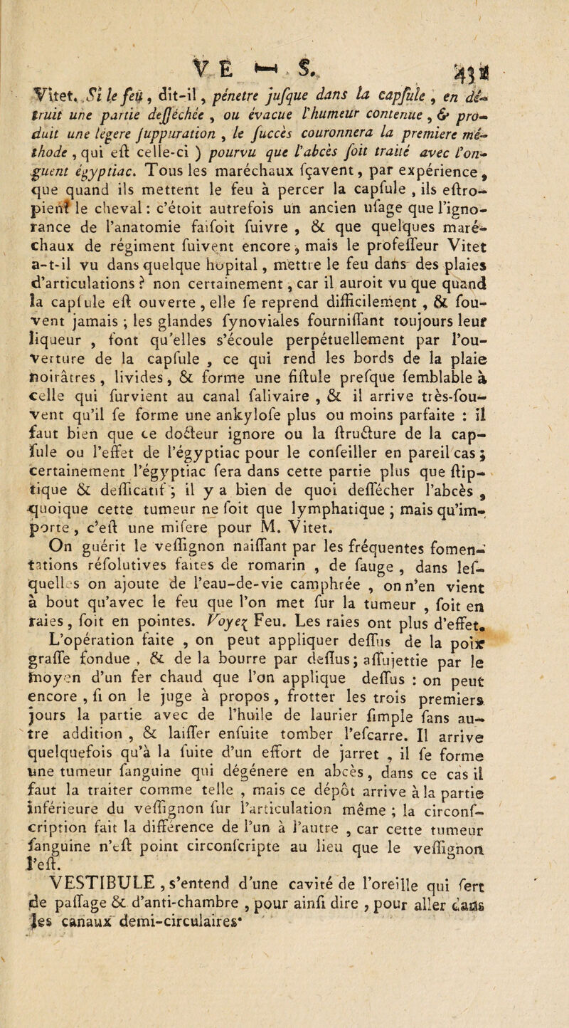 Vitet. .SI le feu , dît-il, pénétré jufque dans ta capfule , en dé** truit une partie dejjéchée , ou évacue l'humeur contenue , & pro¬ duit une légère juppuration , le fuccès couronnera la première mé¬ thode ,qui eff celle-ci ) pourvu que l'abc'es [oit traité avec L'on¬ guent égyptiac. Tous les maréchaux fçavent, par expérience, que quand ils mettent le feu à percer la capfule , ils effro- pieif? le cheval : c’étoit autrefois un ancien iffage que l’igno¬ rance de l’anatomie faifoit fuivre , & que quelques maré¬ chaux de régiment fuivent encore , mais le profeffeur Vitet a-t-il vu dans quelque hupital, mettre le feu dafts des plaies d’articulations ? non certainement, car il auroit vu que quand îa capfule eff: ou verte, elle fe reprend difficilement , fou- vent jamais ; les glandes fynoviales fourniffant toujours leur liqueur , font qu’elles s’écoule perpétuellement par l’ou- Verture de la capfule , ce qui rend les bords de la plaie noirâtres, livides, & forme une fiffule prefqüe femblabie à celle qui furvient au canal falivaire , & il arrive très-fou- vent qu’il fe forme une ankyîofe plus ou moins parfaite : il faut bien que ce doéteur ignore ou la ffru&ure de la cap¬ fule ou l’effet de l’égyptiac pour le confeiller en pareil cas ; certainement l’égyptiac fera dans cette partie plus que ftip- tique & defficatif; il y a bien de quoi deffécher l’abcès , quoique cette tumeur ne loit que lymphatique ; mais qu’im¬ porte , c’eff une mifere pour M. Vitet. On guérit le veffignon naiffant par les fréquentes fomen¬ tations réfolutives faites de romarin , de fauge , dans lef- quelk s on ajoute de l’eau-de-vie camphrée , on n’en vient à bout qu’avec le feu que l’on met fur la tumeur , foit en raies, foit en pointes. Voyeç Feu. Les raies ont plus d’effet. L’opération faite , on peut appliquer deffus de la poiîf grade fondue , 6c de la bourre par deffus j affujettie par le fnoyen d’un fer chaud que l’on applique deffus : on peut encore , fi on le juge à propos , frotter les trois premiers jours la partie avec de l’huile de laurier ffmple fans au¬ tre addition , & laiffer enfuite tomber l’efcarre. Il arrive quelquefois qu’à la fuite d’un effort de jarret , il fe forme une tumeur fanguine qui dégénéré en abcès, dans ce cas il faut la traiter comme telle , mais ce dépôt arrive à îa partie inférieure du veffignon fur l’articulation même ; la circonf- cription fait la différence de l’un à l’autre , car cette tumeur fanguine n’eff: point circonfcripte au lieu que le veffiehon l’eff. b VESTIBULE , s’entend d’une cavité de l’oreille qui fert de paffage & d’anti-chambre , pour ainfi dire , pour aller dans |es canaux demi-circulaires*