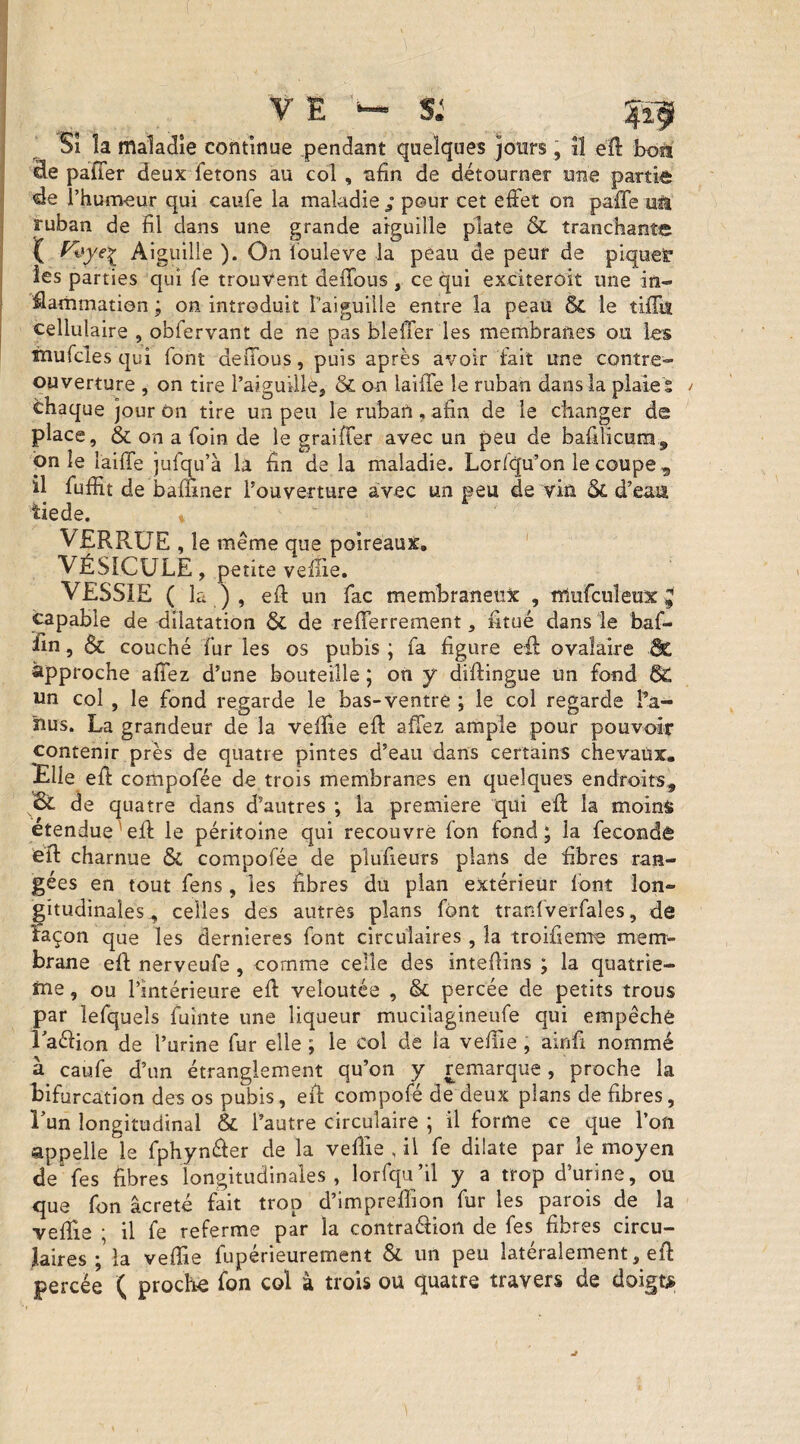 Si îa maladie continue pendant quelques jours, îî eft boa ële palTer deux fêtons au col , afin de détourner une partie de l’humeur qui caufe la maladie; pour cet effet on paffe ufi ruban de fil dans une grande aiguille plate & tranchante { f^ye^ Aiguille ). On fouleve la peau de peur de piquet les parties qui fe trouvent deffous , ce qui exciteroit une in¬ flammation ; on introduit l'aiguille entre îa peau & le îiffiï cellulaire , obfervant de ne pas bleffer les membranes ou les mufcles qui font deffous, puis après avoir fait une contre- ouverture , on tire l’aiguille, & on laiffe le ruban dans la plaie s / chaque jour on tire un peu le ruban, afin de le changer de place, & on a foin de le graiffer avec un peu de bafilicum, on le laiffe jufqu’à la fin de la maladie. Lorfiju’on le coupe , il fuffit de baffiner l’ouverture avec un peu de vin & d’eau tiede. VERRUE , le même que poireaux. VÉSICULE, petite vefîie. VESSIE ( la ) , eft un fac membraneux , nlufcuîeux Ç capable de dilatation & de refferrement, fitué dans le baf- fin, Sc couché fur les os pubis ; fa figure eft ovalaire St approche affez d’une bouteille ; on y diftingue un fond SC un col , le fond regarde le bas-ventre ; le col regarde l’a- iius. La grandeur de îa veille eft affez ample pour pouvoir contenir près de quatre pintes d’eau dans certains chevaux. Elle efi compofée de trois membranes en quelques endroits, oc de quatre dans d’autres ; la première qui eft la moins étendue eft le péritoine qui recouvre fon fond ; la fécondé eft charnue & compofée de plufieurs plans de fibres ran¬ gées en tout fens, les fibres du plan extérieur font lon¬ gitudinales, celles des autres plans font tranfverfales, de façon que les dernieres font circulaires, la troifieme mem¬ brane eft nerveufe , comme celle des inteftins ; la quatriè¬ me , ou l’intérieure eft veloutée , & percée de petits trous par lefqueîs fuinte une liqueur mucilagineufe qui empêché 1 aélion de l’urine fur elle ; le col de la veftle, ainfi nommé à caufe d’un étranglement qu’on y remarque, proche la bifurcation des os pubis, eft compofé de deux plans de fibres, l’un longitudinal & l’autre circulaire ; il forme ce que l’on appelle le fphyn&er de la veftie , il fe dilate par le moyen de fes fibres longitudinales , lorfqu ’il y a trop d’urine, ou que fon âcreté fait trop d’impreffion fur les parois de la veftie ; il fe referme par la contraction de fes fibres circu¬ laires ; la veftie fupérieurement & un peu latéralement, eft percée ( proche fon col à trois ou quatre travers de doigt*