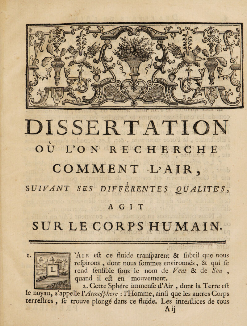 COMMENT L’AIR, SUIVANT SES DIFFERENTES QUALITES, ... . AGIT SUR LE CORPS HUMAIN. ’Air eft ce fluide tranfparent & fubtil que nous refpirons , donc nous fommes environnés , 8c qui fe rend fenfible fous le nom de Vent 6c de Son , quand il eft en mouvement. 2. Cette Sphère immenfe d’Air , dont la Terre eft le noyau, s’appelle YAtmofphere : l’Homme, ainfi que les autres Corps terreftres, fe trouve plongé dans ce fluide. Les interftices de tous 4 rA. • • Aij