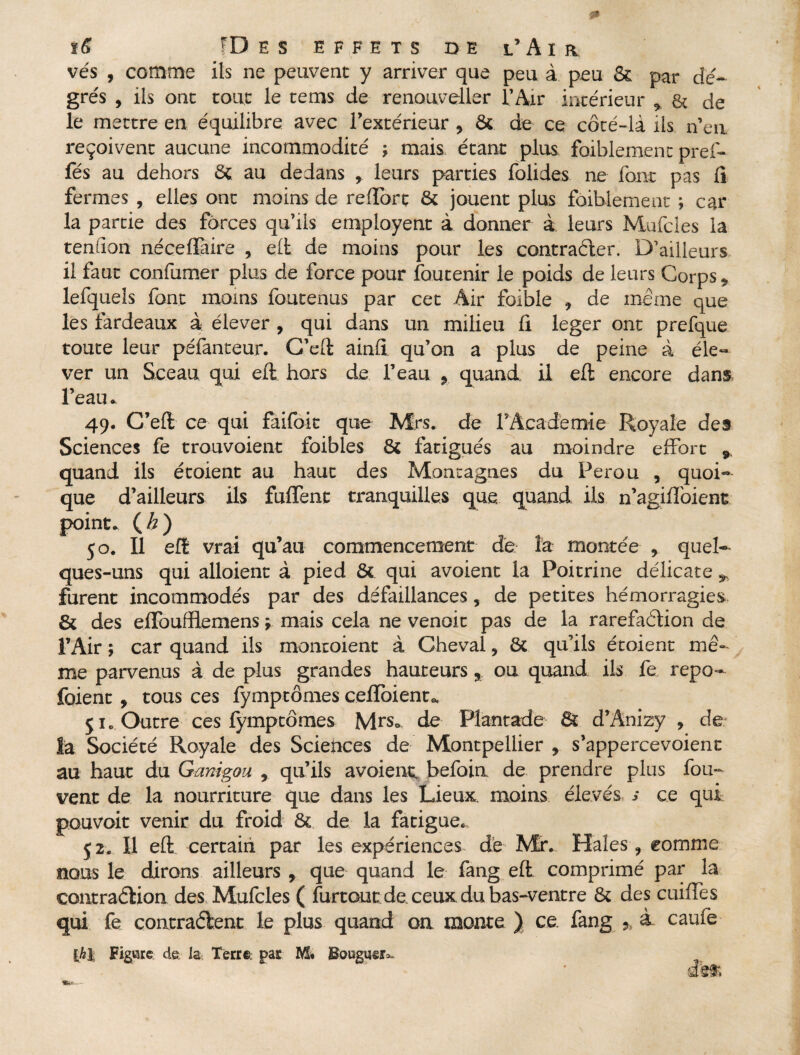 vés , comme ils ne peuvent y arriver que peu à peu & par de¬ grés , ils ont tout le tems de renouveller l’Air intérieur , & de le mettre en équilibre avec l’extérieur, & de ce côté-là ils n’en reçoivent aucune incommodité ; mais étant plus faiblement pref- fés au dehors & au dedans , leurs parties folides ne font pas li fermes , elles ont moins de redore & jouent plus faiblement ; car la partie des forces qu’ils employent à donner à leurs Mufcies la tendon nécedàire , elt de moins pour les contracter. D’ailleurs il faut confumer plus de force pour foutenir le poids de leurs Corps, lefquels font moins foutenus par cet Air foible , de même que les fardeaux à élever , qui dans un milieu fl leger ont prefque toute leur péfanteur. C’eft ainfl qu’on a plus de peine à éle¬ ver un Sceau qui elt hors de l’eau , quand, il eft encore dan» l’eau. 49. C’eft ce qui faifoic que Mrs. de l’Academie Royale des Sciences fe trouvoient foibles Si fatigués au moindre effort , quand ils étoient au haut des Montagnes du Pérou , quoi¬ que d’ailleurs ils fuflent tranquilles que quand, ils n’agifloient point. (Z?) 50. Il eft vrai qu’au commencement de la montée , quel¬ ques-uns qui alloient à pied Si qui avoient la Poitrine délicate furent incommodés par des défaillances, de petites hémorragies 8i des eiToufflemens y mais cela ne venoit pas de la rarefaCtion de l’Air ; car quand ils montoienc à Cheval, & qu’ils étoient mê¬ me parvenus à de plus grandes hauteurs, ou quand ils fe repo- foient, tous ces fymptômes celïoient. 51. Outre ces fymptômes Mrs. de Plantade Si d’Anizy , de¬ là Société Royale des Sciences de Montpellier » s’appercevoient au haut du Ganigou , qu’ils avoient. befoin. de prendre plus fou- vent de la nourriture que dans les Lieux, moins élevés s ce qui pouvoir venir du froid & de la fatigue., 52. Il eft certain par les expériences de Mr. Haies, comme nous le dirons ailleurs , que quand le fang eft comprimé par la contraction des Mufcies ( furtout de. ceux du bas-ventre & des cuiffes qui fe contractent le plus quand on monte ) ce. fang », à. caufe lh\ Figure de la Terre: par M* Bouguer*. d'efr.