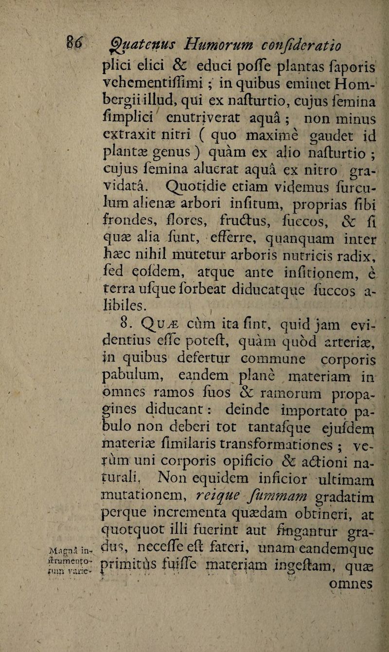 plici elici & educi polle plantas faporis vehemeptiffimi; in quibus eminet Hom- bergiiillud, qui ex nafturtio, cujus femina fimplici enutriverat aqua ; non minus extraxit nitri ( quo maxime gaudet id plantas genus ) quam ex alio nafturtio ; cuius femina aluerat aqua ex nitro gra¬ vidata. Quotidie etiam videmus furcu- lum alienas arbori infitum, proprias fibi . frondes, flores, frucftus, fuccos, & fi quae alia funt, efferre, quanquam inter haec nihil mutetur arboris nutricis radix, I fed eofdem, atque ante infitionem, e terra ufque forbeat diducatque fuccos a- libiles. 8. Qu^: cum ita fint, quid jam evi¬ dentius effe poteft, quam quod arteriae, in quibus defertur commune corporis pabulum, eandem plane materiam in omnes ramos fuos & ramorum propa¬ gines diducant: deinde importato pa¬ bulo non deberi tot tantafque ejufdem materiae fimilaris transformationes ; ve¬ rum uni corporis opificio & adtioni na¬ turali, Non equidem inficior ultimam mutationem, reique fummam gradatim perque incrementa quasdam obtineri, at quotquot illi fuerint aut fingantur gra- Magnain- dus, neceffe eft fateri, unam eandemque primitiis fuiffe materiam ingeftam, quas omnes