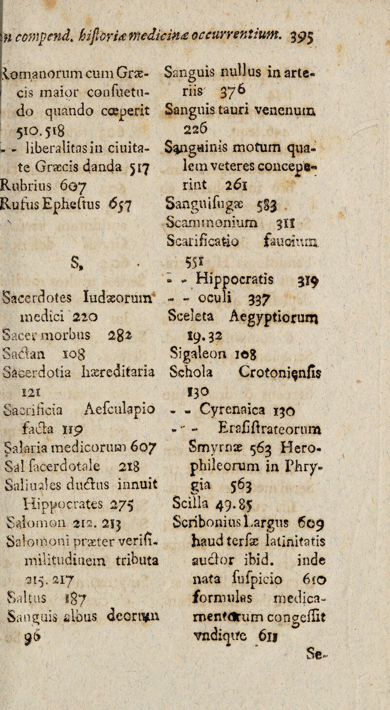 iomanoriim cum Grae¬ cis maior coofuetn- do quando coeperit 510, $1^ w - liberalitasiii ciuita- te Graecis danda 517 Rubrius 607 Rufus Epheftus 657 S. Sacerdotes ludaeormn^ medici 220 S ace r mor b us 282 Sflfian io8 Sacerdotia Iiiercditaria 121 Sacrilicia Aefculapio facla 119 Salaria medicorum 607 Sal facerdotale 218 Saiiuales dudius innuit Hippocrates 275 Salomon 212. 213 Salomoni praiter verifi. militiidiuem tributa 215. 217 Saltus 187 San^^uis bilbas deonvii 96 Sanguis nullus in arte¬ riis 376 Sanguis tauri venenum 226 S^guinis motum qua¬ lem veteres concepe¬ rint 2^1 Sanguifugae 5S3 . Scammonium 311 Scarificatio faucium, 551 - ^ Hippocratis 319 — oculi 337 Sceleta Aegyptiorum 19.33 Sigaleon log Schola Crotonifnfis 130 . « Cyrenaica 130 - -* EraCftrateorum Smyrns 563 Hero- phileorum in Phry¬ gia 563 Scilla 49.85 Scribonius Largus 609 haudterfse latinitatis auclor ibid. inde nata fufpicio 6{0 fornnilfis medica- menfdrum congeffit vndique 611 Se-