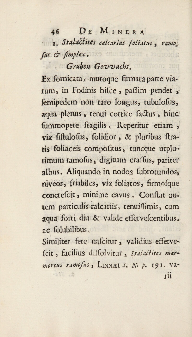 i. $talaclites calcarius foliatus , ramoa fas & fimptex. Gruben Gewachs, Exfornicata, muroque firmata parte via¬ rum» in Fodinis hifce > paffim pendet , femipedem non raro longus, tubulofus, aqua plenus» tenui cortice fa&us, hinc fummopere fragilis, Reperitur etiam , vix fiftulofus, folidior, & pluribus ftra- tis foliaceis compofitus, tuncque utplu- rimum ramofus, digitum craffus, pariter albus, Aliquando in nodos fubrotundos, niveos» friabiles» vix foliatos» firmofque concrefcit, minime cavus. Confiat au¬ tem particulis calcariis, tenuiffimis, cum aqua forti diu & valide effervefcentibus, ac folubilibus. Similiter fere nafcitur» validius efferve- fcit 5 facilius diflblvitur , St alati it es mar¬ moreus ramofus, LuNNAU S. At. />. i<?i. va- ru