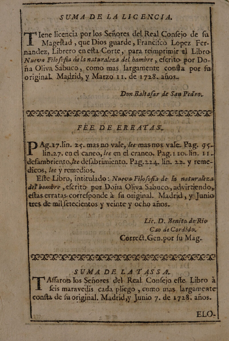 s UMA: DE LA LIG ENCIA, ) 41 ide Lua por los INN del Real Cáalejo E (6 | Mageltad , que Dios guarde , Francifco Lopez Fer- nandez, Librero en efta.Corte ,: para reimprimir el Libro+l Nuevos Filofofía dela naturaloza del hambre , .elerito por Do- ña Oliva Sabuco.,, como mas, Jargamente confia por ful original. Mad, y Marzo. 11. de :728..4Ñ08.. | ' - Don. Holas des San Ped: 10. (rn! j | ¿FER DE, ERBATES,. | Sa Pagorin Jin. 25.1 masno e lec 'mas11OS: del Pag. 95 : | lin.2.7. en el caneo, lee en el craneo. Pag. ro lin. 11. defambriento lee defabrimiento. Pag;224o lin, 22. y. reme- | dicos, lee y remedios. , EIN, Inti itulado » Nueva Filofo dl de la, mataralca| . haguridi pla card omo d E 1 bp aid yo Junio] tres de mil ferecientos y veinte nn Aci años» ps 41 : ' A y E ¿dde . Y ; H e eE DA A Benito dao NP A «Cao de Cordido,.” | Correa. Gen. por fu Mag y? SS | PREPARAR PARRA | | ¿SUMADELATASSA 0) | | y hor arola los Señores deb: Real Confejo. effe, Libro A fcis maravedis cada pliego , como mas, largamente | confta de lu original. ici Jia 7. de AA Años. ] : z Ñ : Arz: . Poe 7 A LA € a - e o o a E ANA