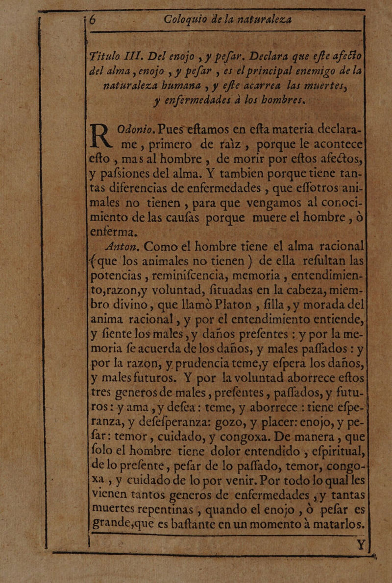 A eS cb lo ii Titulo ILL, Del con , y ye lato: que ope ¿foto | del alma, enojo , y pefar , es el principal enemigo de la nilo humana y y efe acarrea las perdes: 2 mueras a sen hombres. Denia Prestamos en ella materia digg | me , primero de raiz, porque le acontece] me , mas al hombre , de morir por eftos afeGtos, | |y pafsiones del alma. Y tambien porque tiene tan-|. _ [males no tienen , para que vengamos al coroci- |. - [miento delas canías. polen muere el hombre o| ) enferma. AAA de |. Anton. Como el eS tiene Wa Aia, racial E ( que los animales no tienen ) de ella: refultan las [potencias , reminifcencia, memoria, entendimien- ¡ -|to,razon,y voluntad, fituadas en la cabeza, miem- |bro divino, que aa Platon , filla , y morada del |y fiente los males, y daños prefentes ; y por la me- | moria fe acuerda de los daños, y males paffados : y | por la razon, y prudencia teme,y efpera los daños, | y malesfuturos. Y por la voluntad aborrece eftos tres generos de males, prefentes A palíados, y futu- | ros: y ama, y defea: teme, y aborrece : tiene efpe- | |ranza, y defefperanza: gozo, y. placer: enojo, y pe- far: temor , cuidado, y congoxa. De manera , que lolo el hombre: tiene dolor entendido , efpiritual, de lo prelente , pefar de lo paífado, temor, congo=| xa , y cuidado de lo por venir. Por todo lo qual les | vienen tantos generos de enfermedades ¿y tantas muertes repentinas, quando el enojo, o pelar es grande,que es baftante en un momento 4 matarlo s.