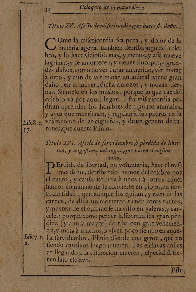 ae 12. 3 á coa de la naturaleza AS 1 =D AR a T itulo XV, 7. Afeéto: be miorcordiague hace di daño... A: 2 Omo la mifericordia fea pena % y Alá AY la mifería agena, tambien derriba jugo del cele-| bro, y lo hace viciofo a mas, y menos, y aísi mueve lagrimas,y fe amortecen, y vienen fincopas,y gran- | des daños, como de vér curar ún herido, vér matar| a Otro, y aun de ver. matar un animal viene gran celebro va Pot al lugar. Ela coda po- drian aprender lós hombres de algunos animales, ¡y aves que mantienen, y regalan a fus padres en la Tones,que cuenta PO e cita E E Se A o Titalo XVI. Afecto de E laa 0 perdida de pd tad, y angoftura del lugar,que bacen el POR ABRO Erdida de libertad, no vellintariós ¡bes el mil. mo daño, destndo humor del celebro por] lelc Cuero , y calas ¡étiricia a unos: 4 otros aquel [humor comunmente fe convierte en piojos,en tan- ta cantidad , que aunque los quitan, y raen de las carnes, de alla: un-momento tienen otros tantos, y mueren de ello,comofe ha vifto en galeras, y car- |celes; porque como perder la libertad lea gran per-] dida (y : aun la may or) derriba con gran vehemen-! cla,y matad muchos,0 viven poco tiempo en aque- fiendo cautivos luego: mueren. Las a abiles en llegandoá la difesecion. mueren, elpecial fi tie- ¡nen hijo efclayo.. | I Efe