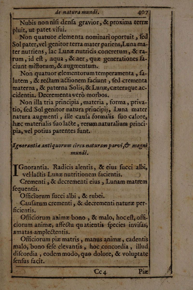 Nubis non ni denía gray graviory $ poi terre pluie ut patet vifui. Non quatuor elementa nominar oportuit, dd | Sol pater,vel ¡genitorterra mater pariens¡Luna:ma-] ter nutriens, lac Lune mutricis CONCretumy, SK ra-| brum,' id et, aqua, Baer , que gooralanos la. l ciunt miftorum, Scaugmentum.. | | | Non quatuor elementorumtemperamenta y ls | lutem, Se reftamattionem faciunt , fed crementa Fmaterna , 3 paterna Solis, 8 Lune,ceteraque ac- cidentia. Decrementavero.morbos. ! A (Nonilla tria principia y materla. , forma»: priva- [tio, fed Sal genitor matura principi, Luna mater natura augmenti , ¿lle aula formalis- fuo calore,, -|hzeec materialis fuollatte, pop oeatiadui poa: pias! aca ame fanta 100 | Ignorantia antiquorin circamaturam paros ¿ maga | : mundi. : 7 | Gnorantía. Radicis alentis, 8 eius fucci albi,| vellattis Lunz nutritionem facientis. 3 | F Crementi, 8 decrementi elas, ocio matrem Lequentis. Officiorum Tucci abi. y 8 abel: | e EN - - 'Canfárum crementi , Se. decrementi nature per-| ficientis. ii 1 -Officiorum anime dios e malo, Jo li cof |cioram anime, affeu qu atientis- Fprcias invifas, amatas.ampleétentis. ] 4 Officiorum pie matris , , manus anime j llana | Imalo, bono fele clevanáa » hoc concordia, illud| |difcordia, ini an. que Derio be ca fenfus facit. yola ea